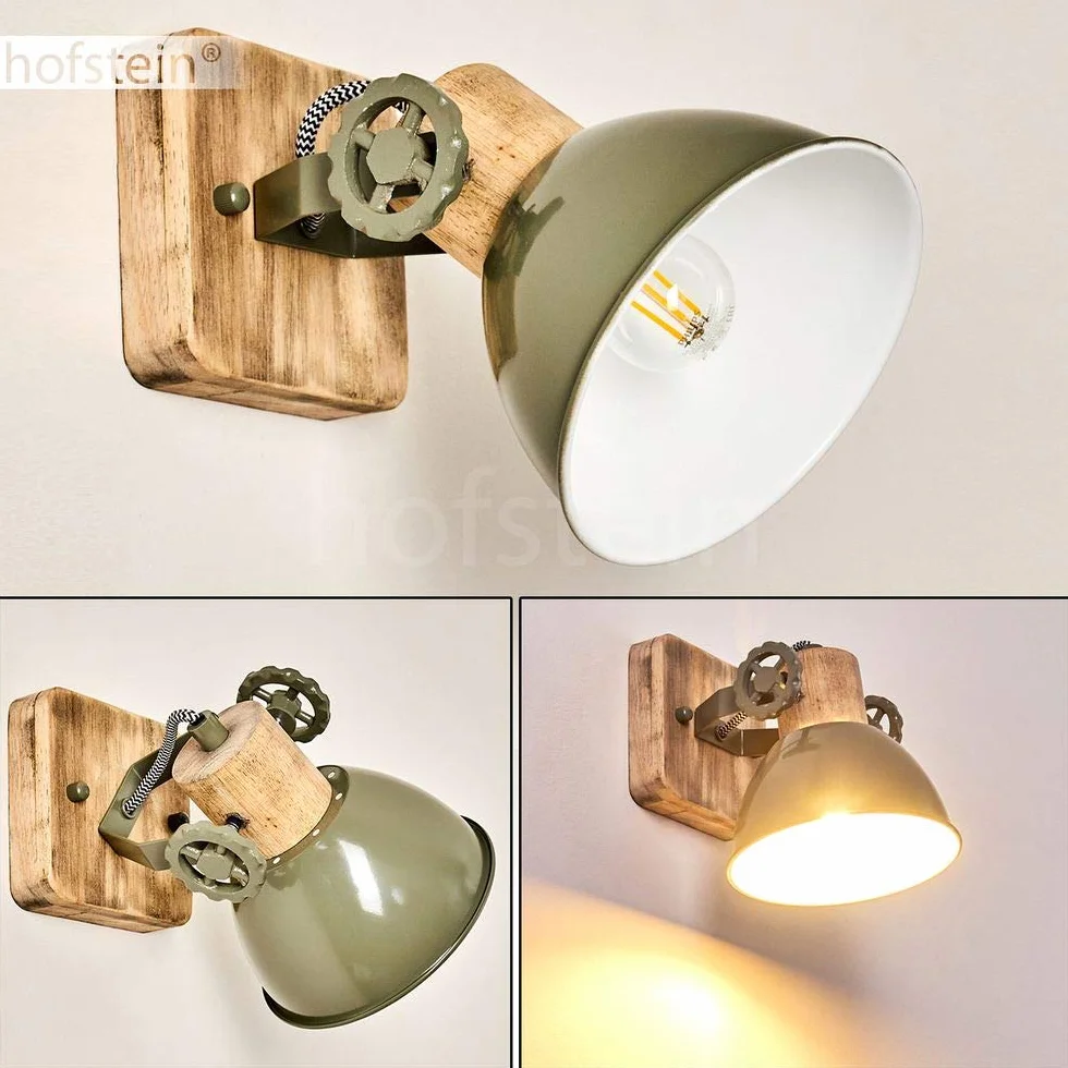 Lampada da parete Orny, lampada da parete regolabile in metallo/legno in verde/bianco/marrone, 1 luce, 1 attacco E27, spot da parete in design retro/vintage, senza lampadina/e