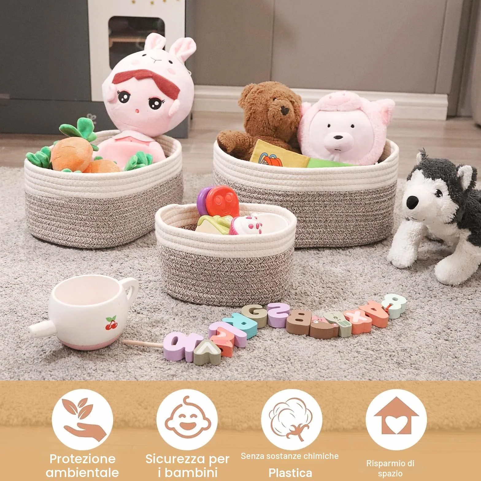 Cesto portaoggetti intrecciato in corda di cotone set da 4 pezzi per bagno fasciatoio organizer