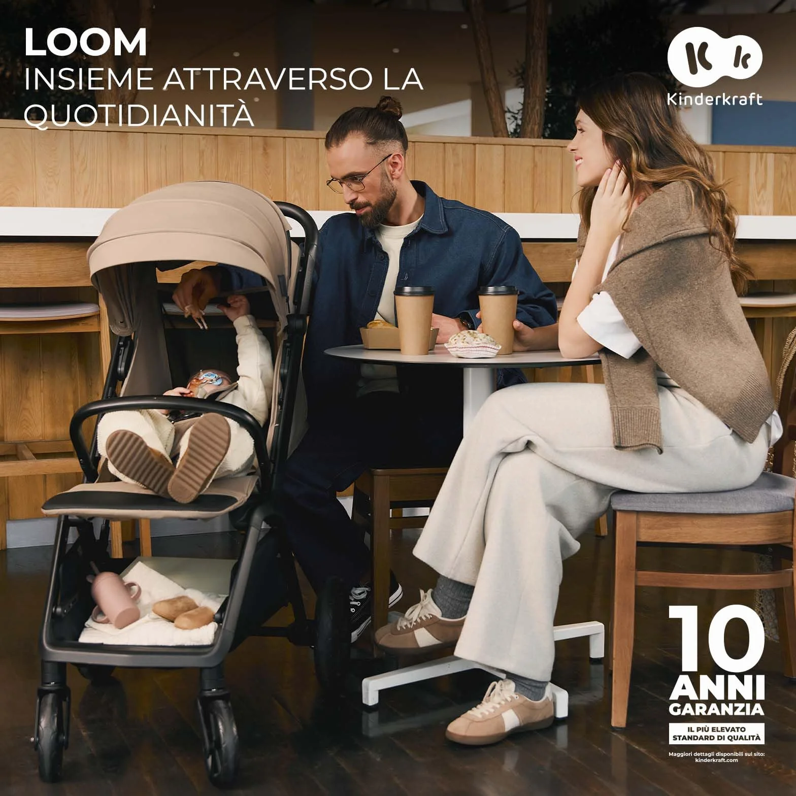 Kinderkraft LOOM Passeggino leggero 27kg, Chiusura una mano, cesto sotto, capottina estensibile, Barra sicurezza, Beige
