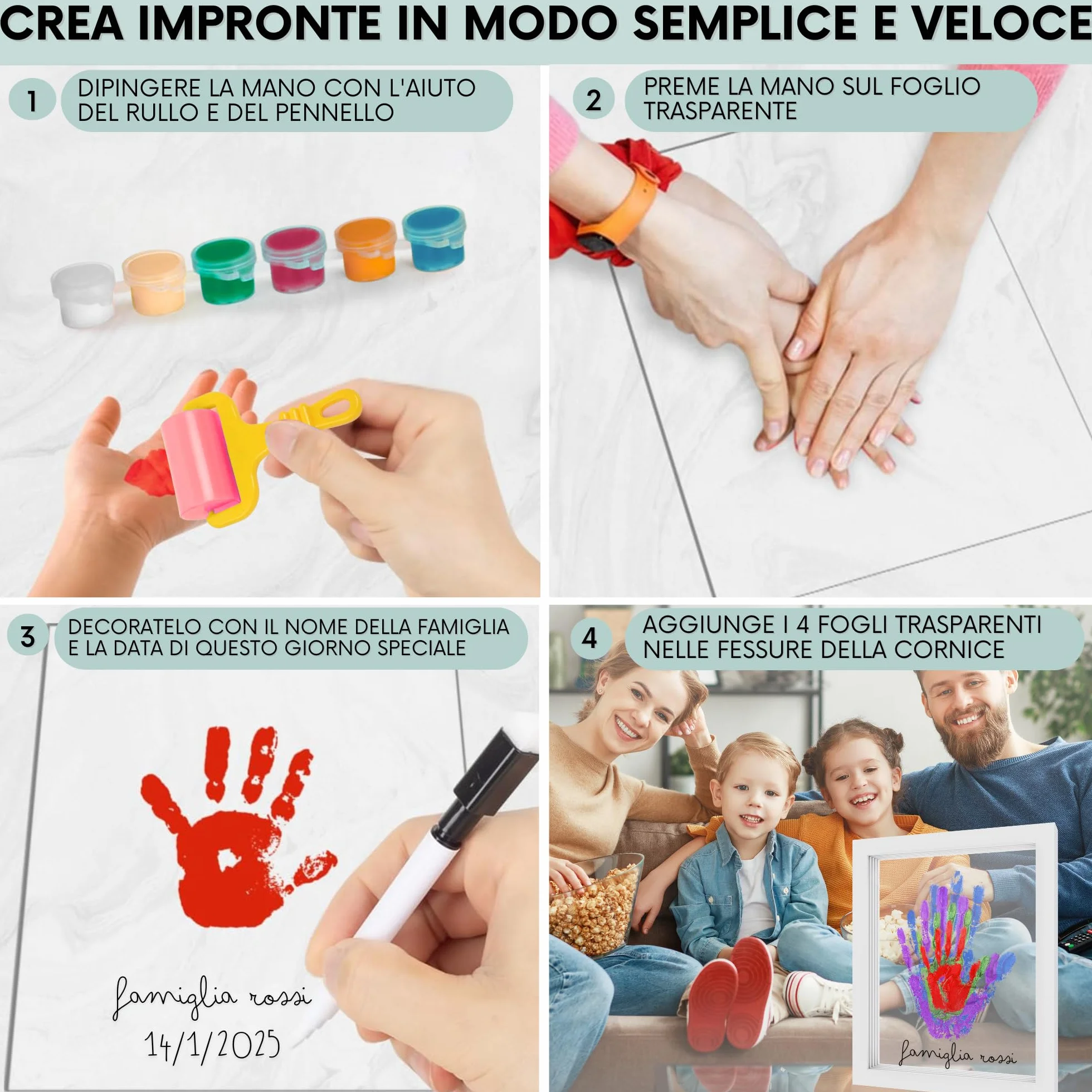 Kit Impronta Mani e Piedi Neonati, Cornice con Spazio per 4 Impronte, Set Regalo Neonato