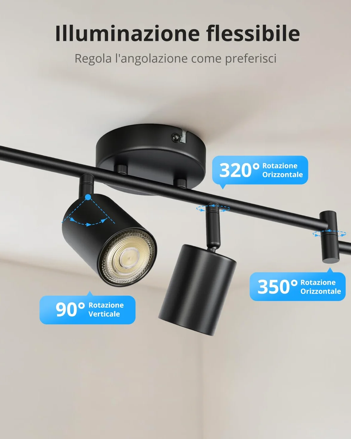 Gr4tec Faretti LED da Soffitto Orientabili 6 Luci, Moderna Binario Faretti GU10, Faretto LED Interno Nero, Lampadario da Soffitto per Soggiorno Cameretta Cucina, Senza Lampadine