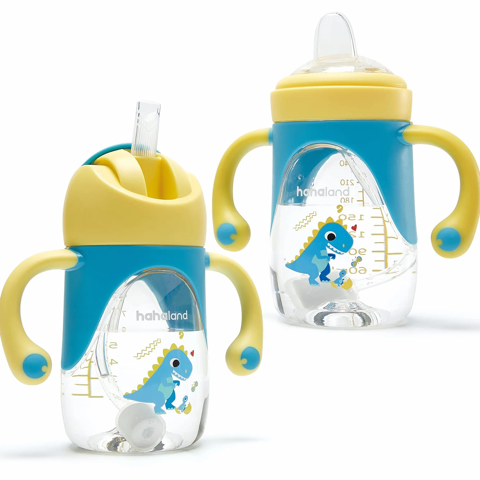 hahaland 2 in 1 Bicchiere Antigoccia Bambini Tazza con Cannuccia e Beccuccio 240ml, Antiperdita Silicone Training Cup Biberon 6-12 mesi - Dinosauro