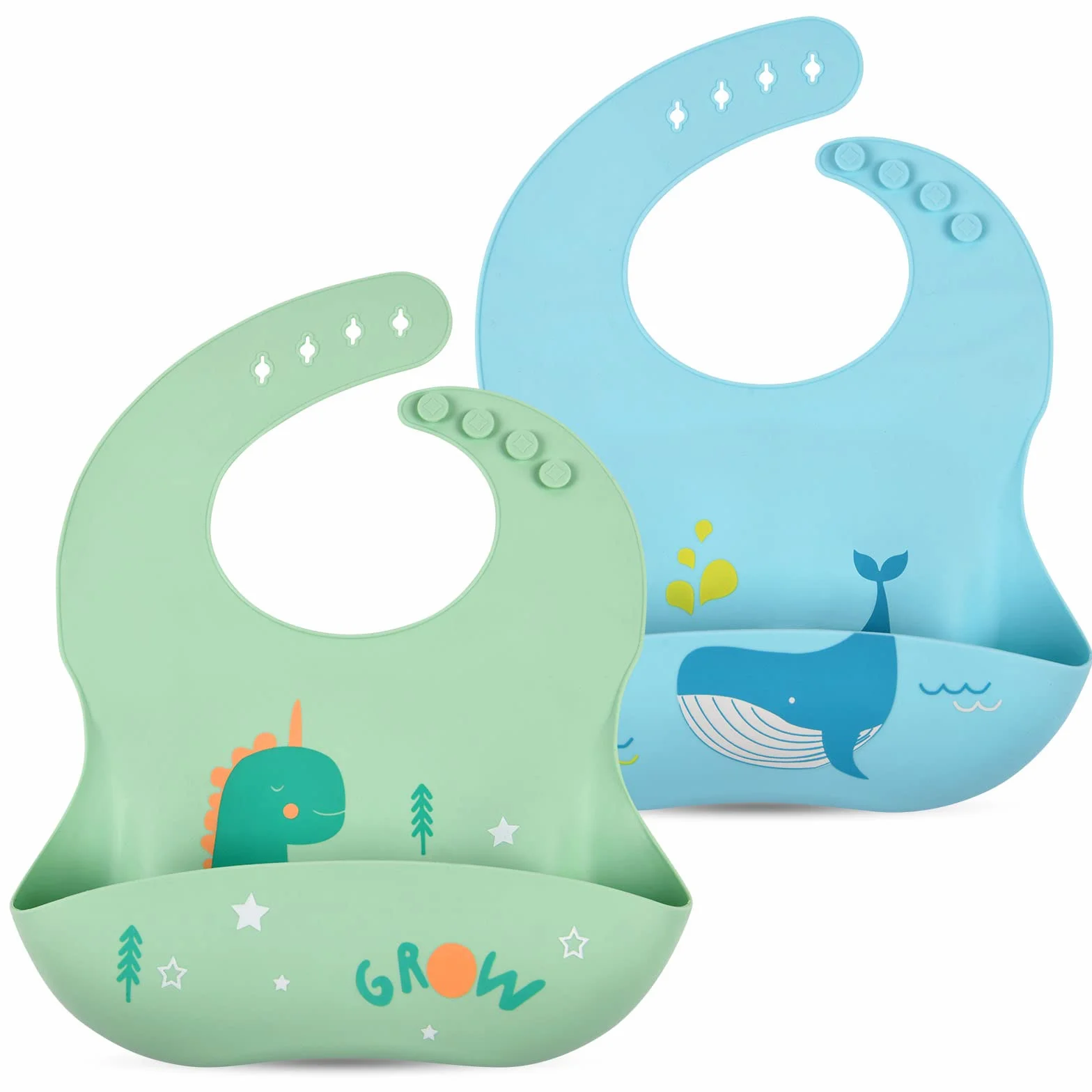 Bavaglini 3D Silicone Impermeabile Senza BPA 2PCS con Tasca Raccoglipappa 4 Misure Regolabili per Bambini Neonati Dinosauro Balena