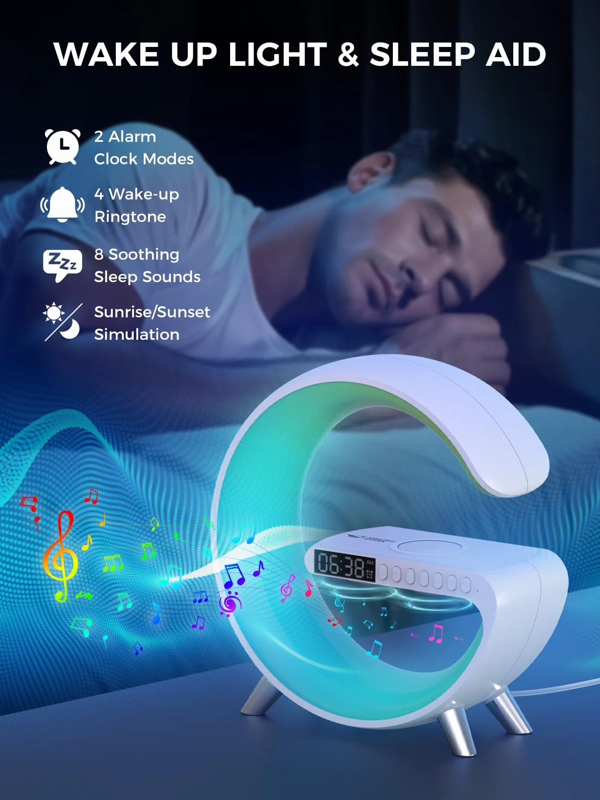 Smiling Shark Intelligente LED Sveglia Luce, Lampada Sveglia Atmosfera con Altoparlante Bluetooth & Ricarica Senza Fili Controllo App Dimmerabile Smart Wake Up Light per Casa Decorazione Regalo