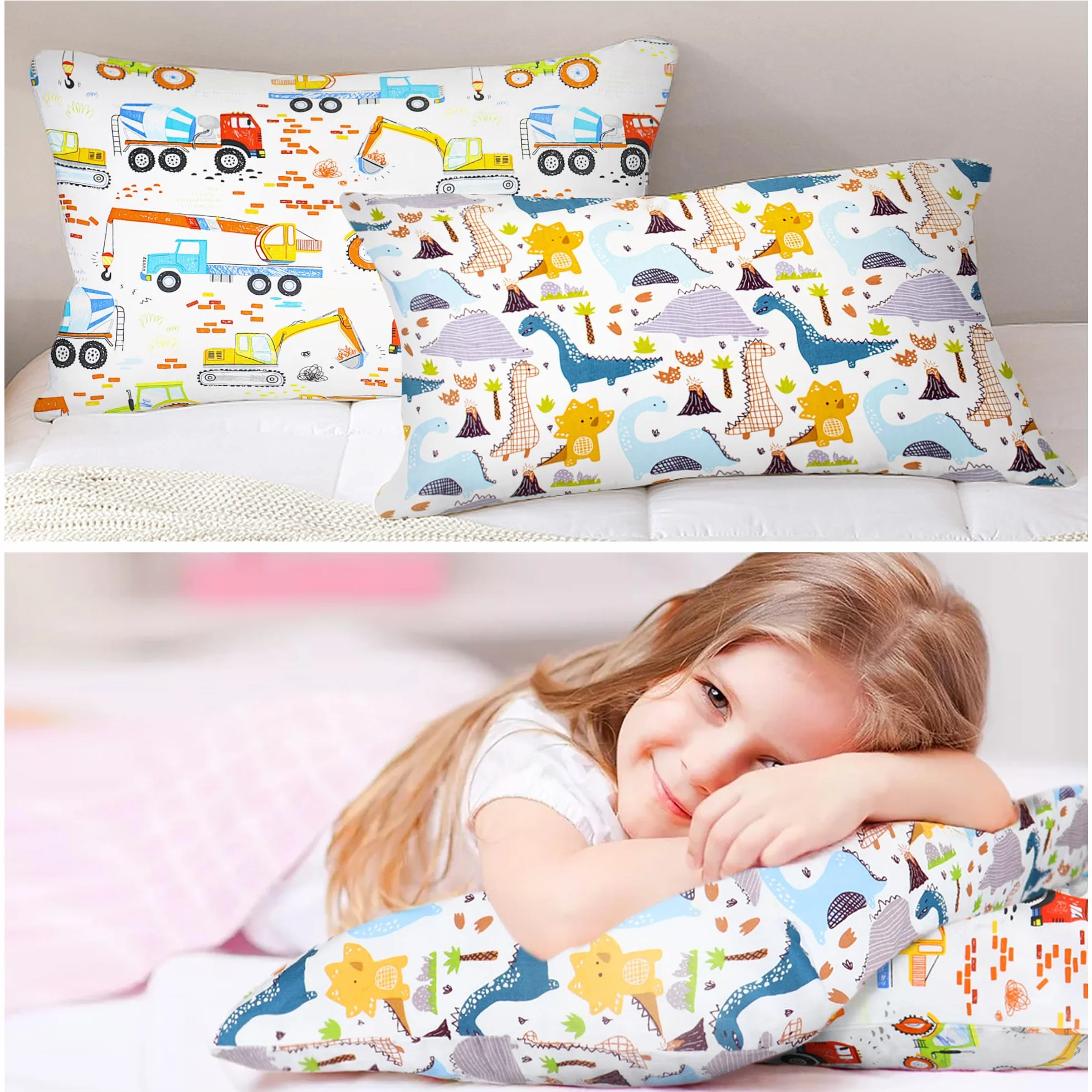 Confezione da 2 federe per cuscino in 100% cotone 40 x 60 cm motivo dinosauri veicoli da costruzione regali per bambini
