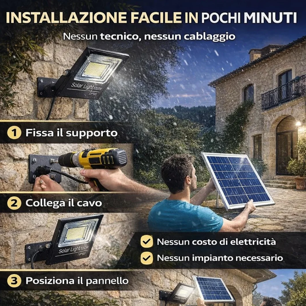 Faro Solare LED 1000W con Pannello Solare, Luce Esterno 6500K Ultra Potente, Sensore Crepuscolare Automatico, Telecomando, IP67 Impermeabile, Faretto da Esterno per Giardino, Cortile, Strada.