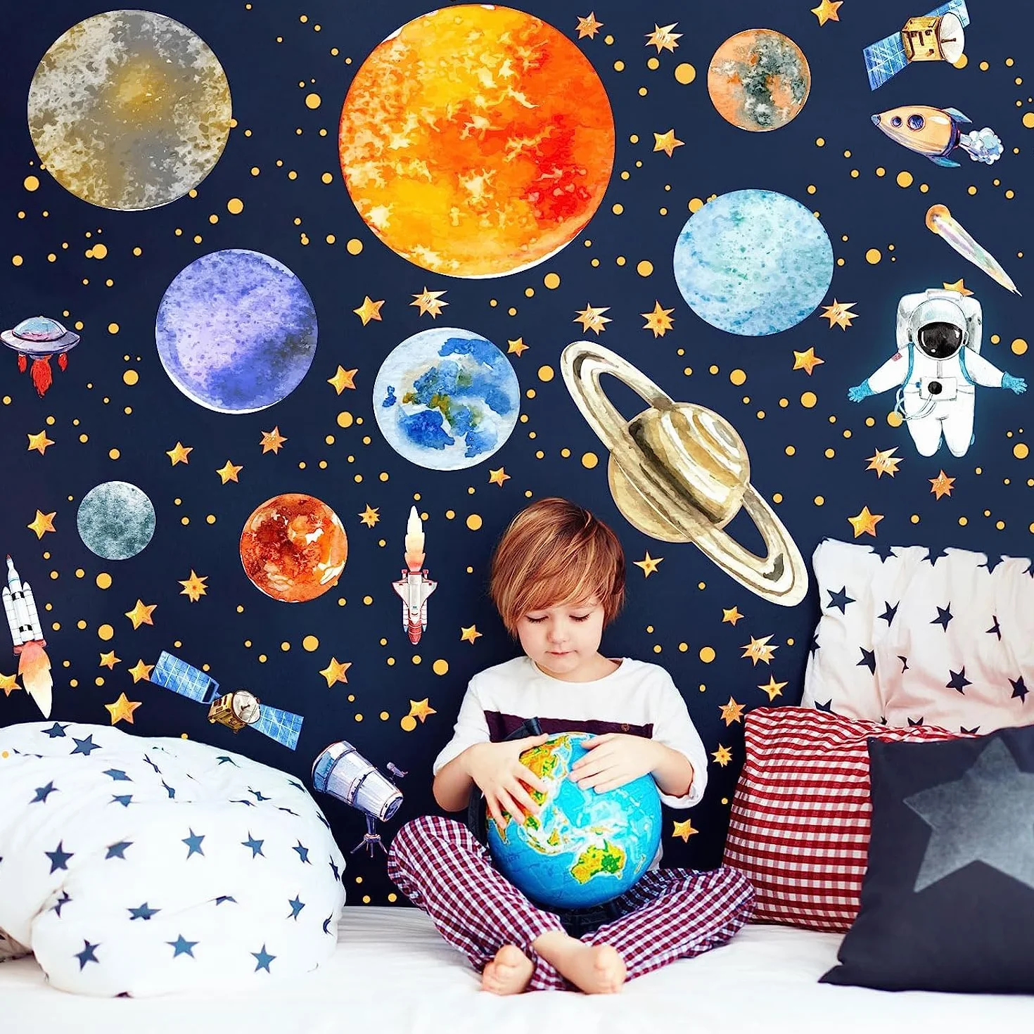 Adesivi da Parete Fluorescenti Stelle Astronauta Pianeta Spazio Murali Sistema Solare Decorazione Camera Bambini Blu