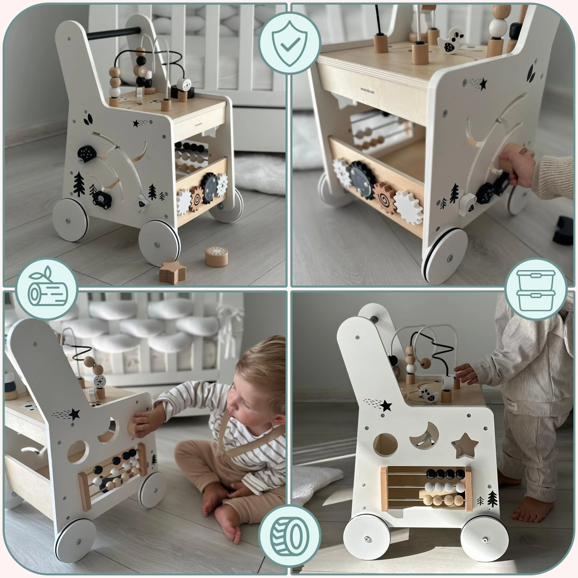 Mamabrum Primi Passi 6 w 1 Spintore Legno Tavolo Didattico Giochi Bambini Abaco Loop Motorio 31x28x49cm