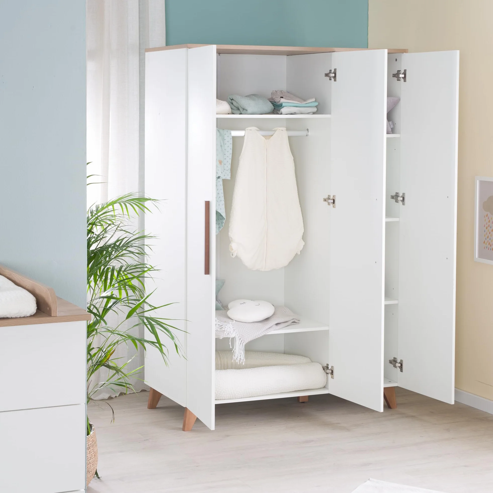 roba Set per cameretta bambini 3 pezzi Lettino 70x140 cm convertibile fasciatoio 3 cassetti armadio bambini Maniglie piedi legno massello Bianco rovere scuro