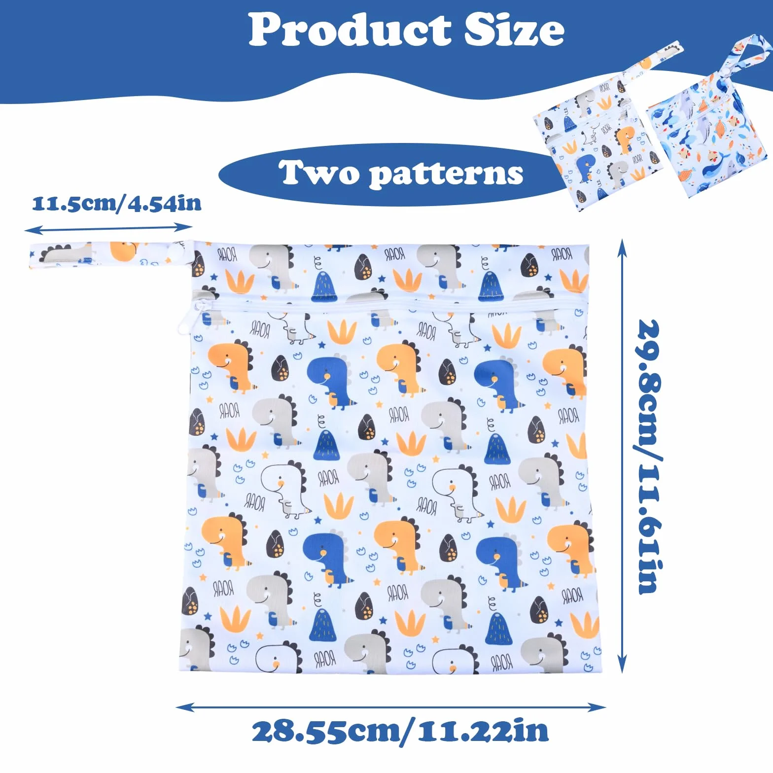 Wetbag Pannolini Riutilizzabile 2 Pezzi Porta Pannolini E Salviette 28x30 cm Modelli Dinosauri E Balene
