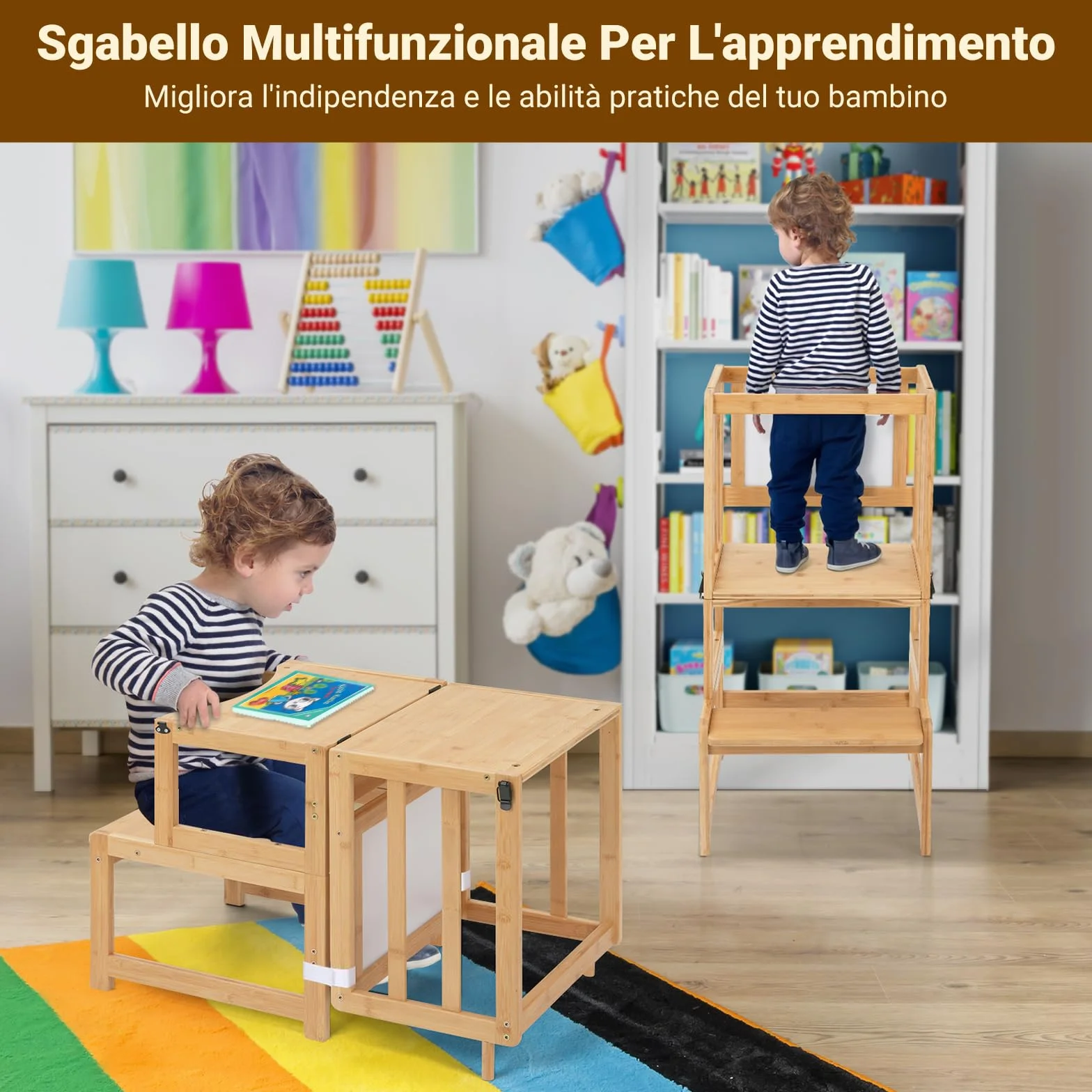COSYLAND Torre Montessoriana Bambini 3 in 1 con Lavagna Bianca Naturale Classico