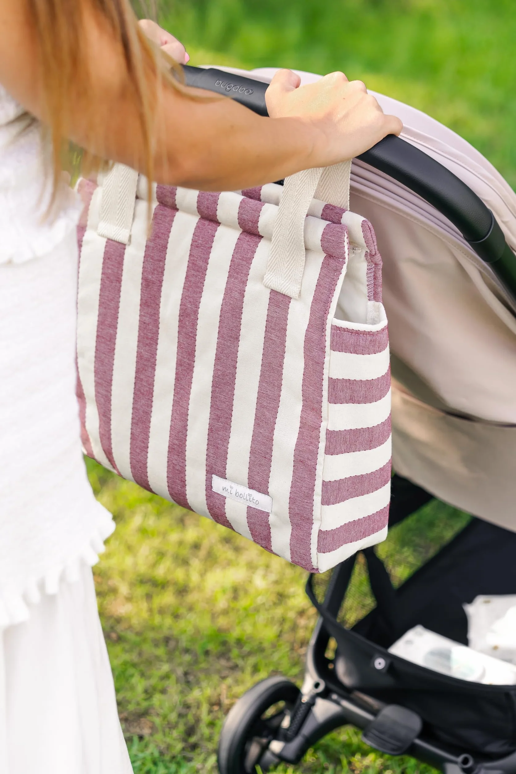 Borsa per passeggino universale con chiusura a scatto, leggera, grande capacità, design a righe