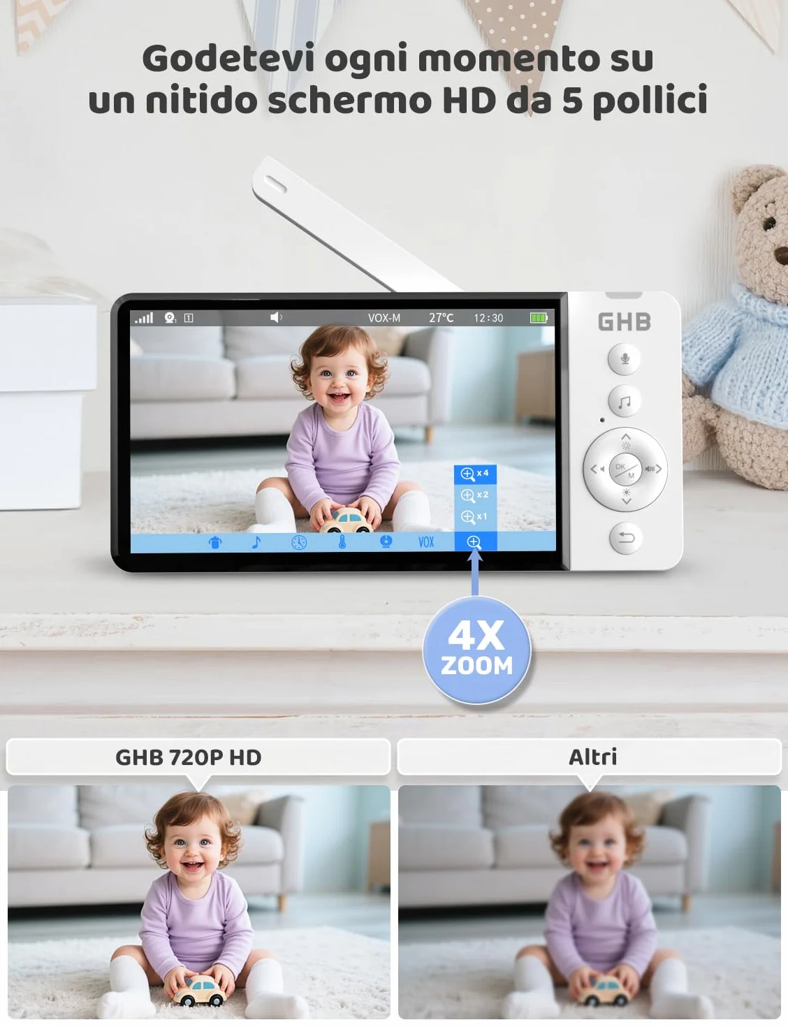 GHB Baby Monitor 5" 720P HD 5000mAh IPS Schermo Telecamera Bambini Visione Notturna Rilevamento Temperatura Ninne Nanne