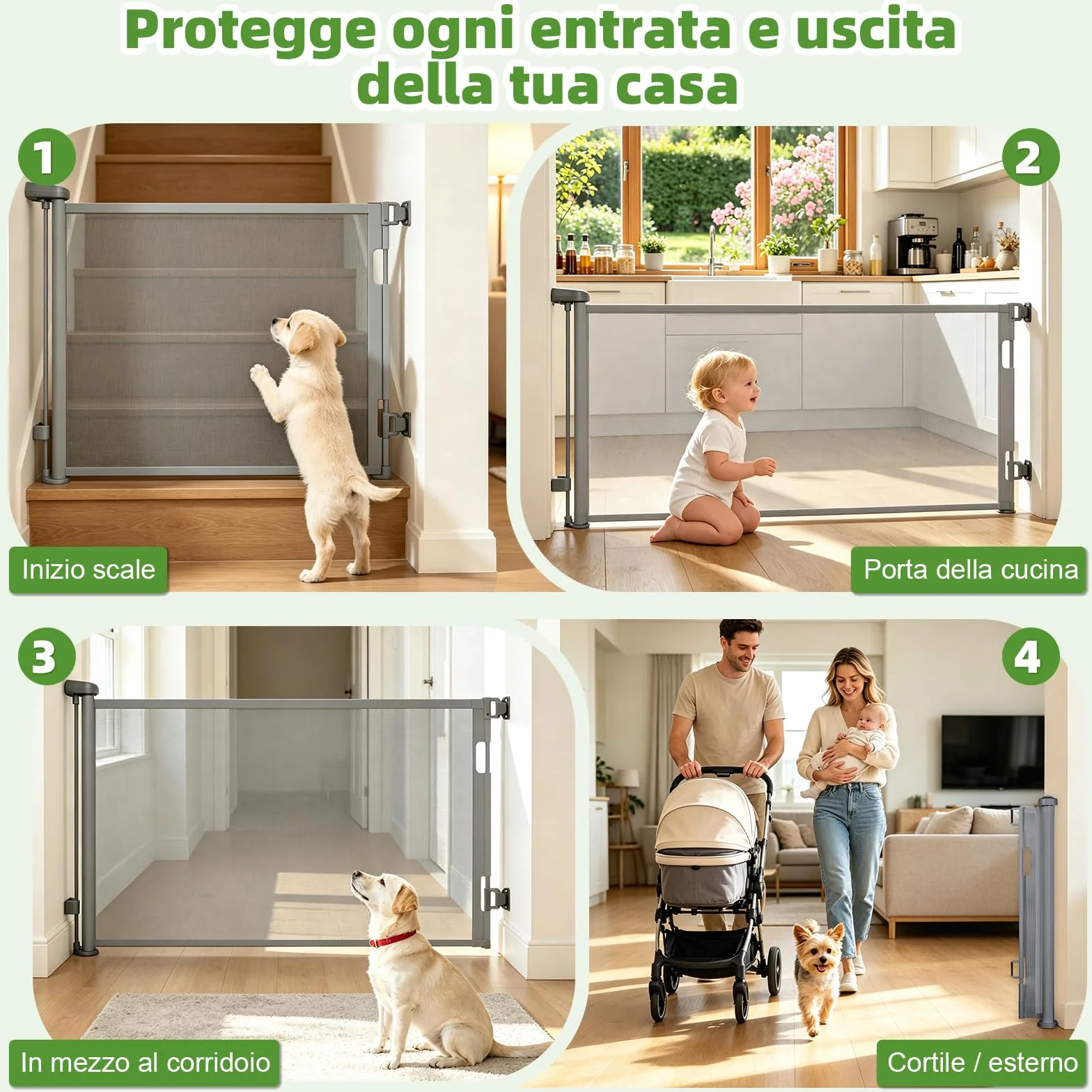 Cancelletto di Sicurezza Retrattile per Bambini 0-150 cm per Cani Scale Corridoi Interni Esterni Grigio