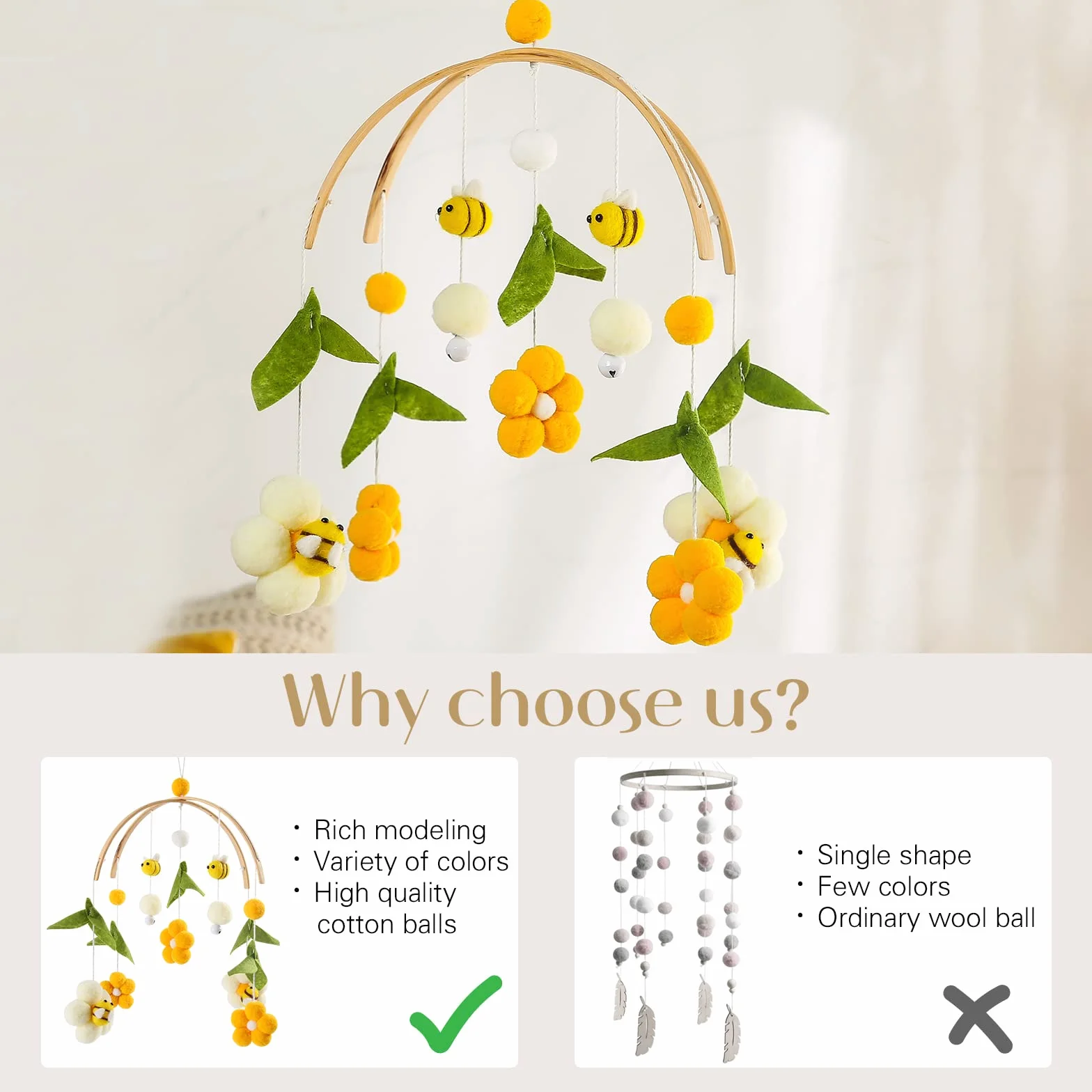 Culla Neonato in Legno con Palline di Feltro, Api e Fiori, Campanelli Eolici per Mobile, Decorazioni Cameretta 0+ Mesi