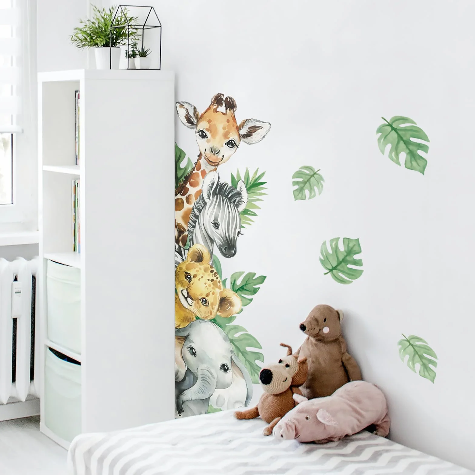 Naklejki ścienne z zwierzętami dżungli Giraffa Zebra Zielone Liście dla dzieci