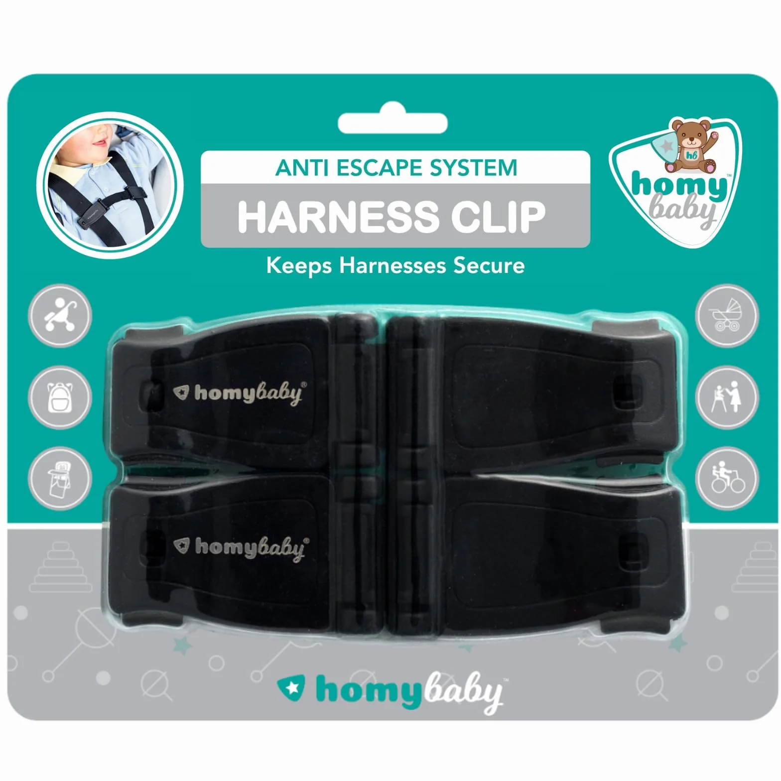 HOMYBABY® Dispositivo per Imbracatura Bambini – Fibbia Antifuga – Compatibile con Seggiolini, Passeggini e Seggioloni (X2)