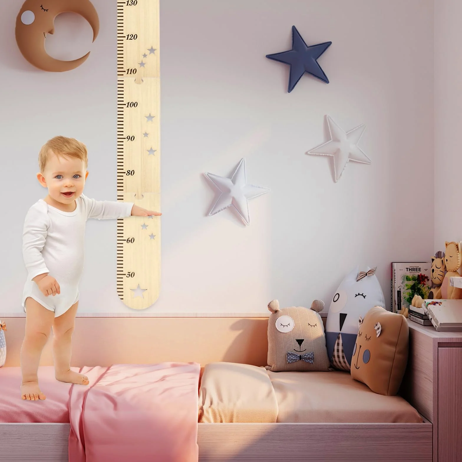 Metro da Parete in Legno per Bambini 50-180cm con Incisioni Delicati, Fissaggio Facile, Sacchetto di Stoccaggio in Tela (27x42 cm)
