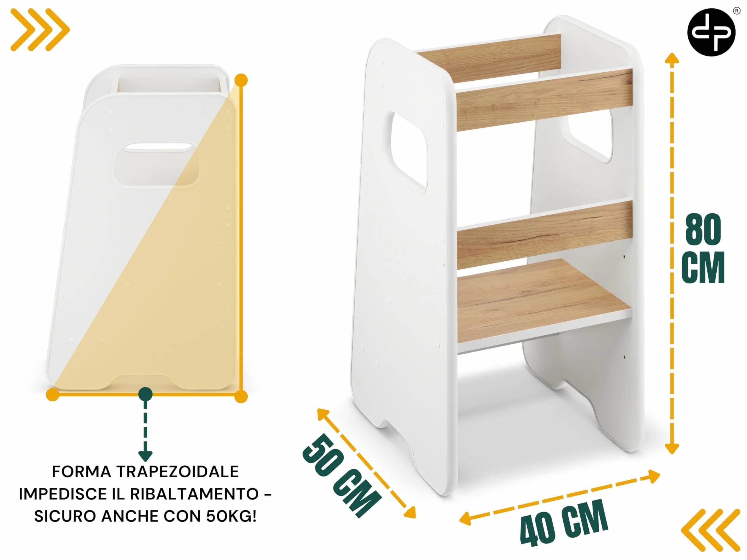 Torre Montessoriana bambini 1 anno Altezza regolabile 3 livelli Sgabello cucina Learning tower Bianco & Rovere