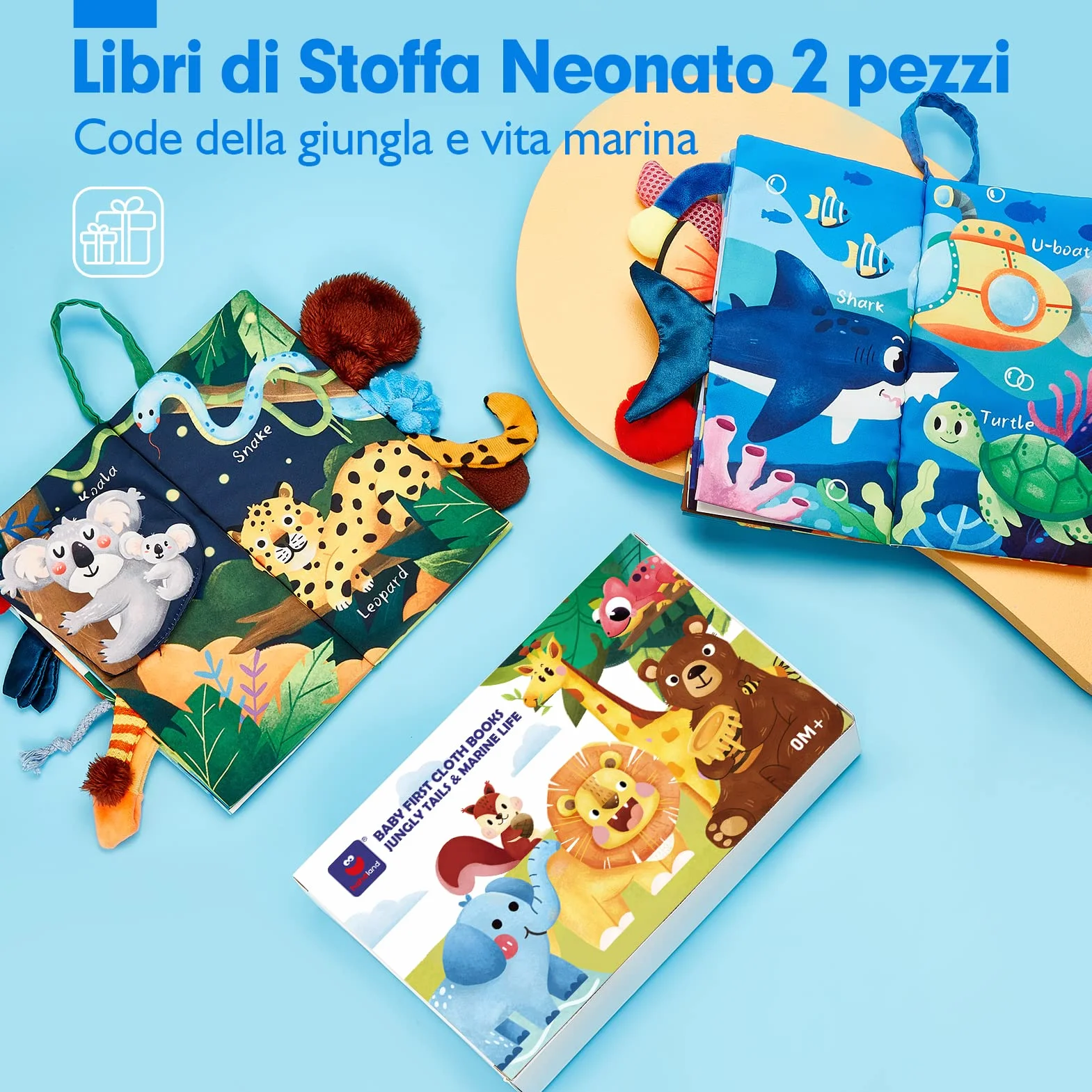 hahaland Libri di Stoffa Neonati 2 Pezzi - Libretti Morbidi Giungla Sensoriali, Libro Tattile per Tummy Time 0-12 Mesi