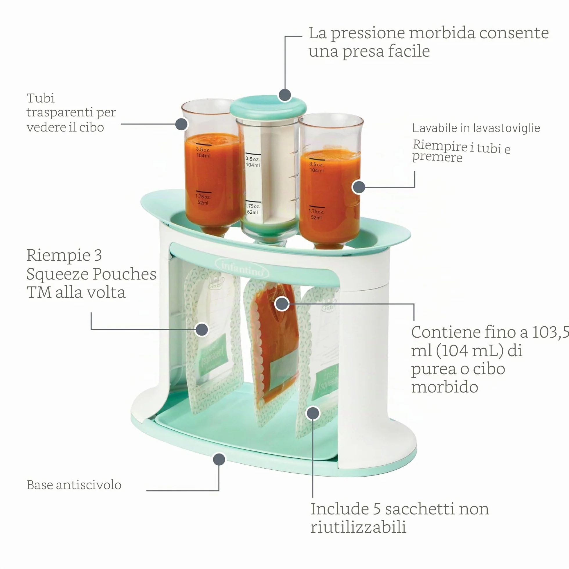 Infantino Squeeze Station Stazione Riempimento Buste Purea Neonati Lavabile Lavastoviglie Senza BPA