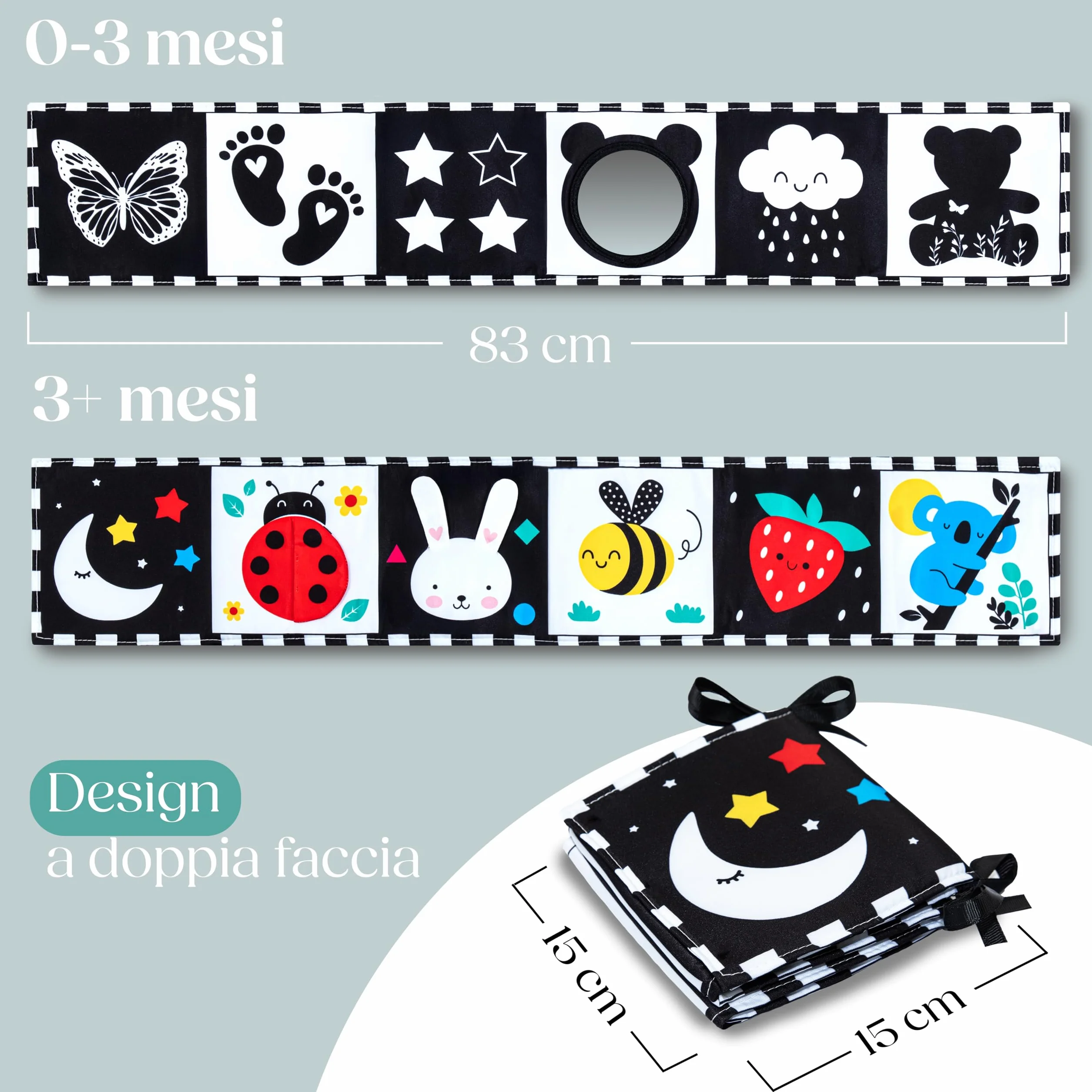 Libro Sensoriale Neonati con Specchio Teddy - Libro Bianco e Nero Stoffa Montessori, Ultra Morbido Lavabile per Sviluppo Visivo 0-12 Mesi