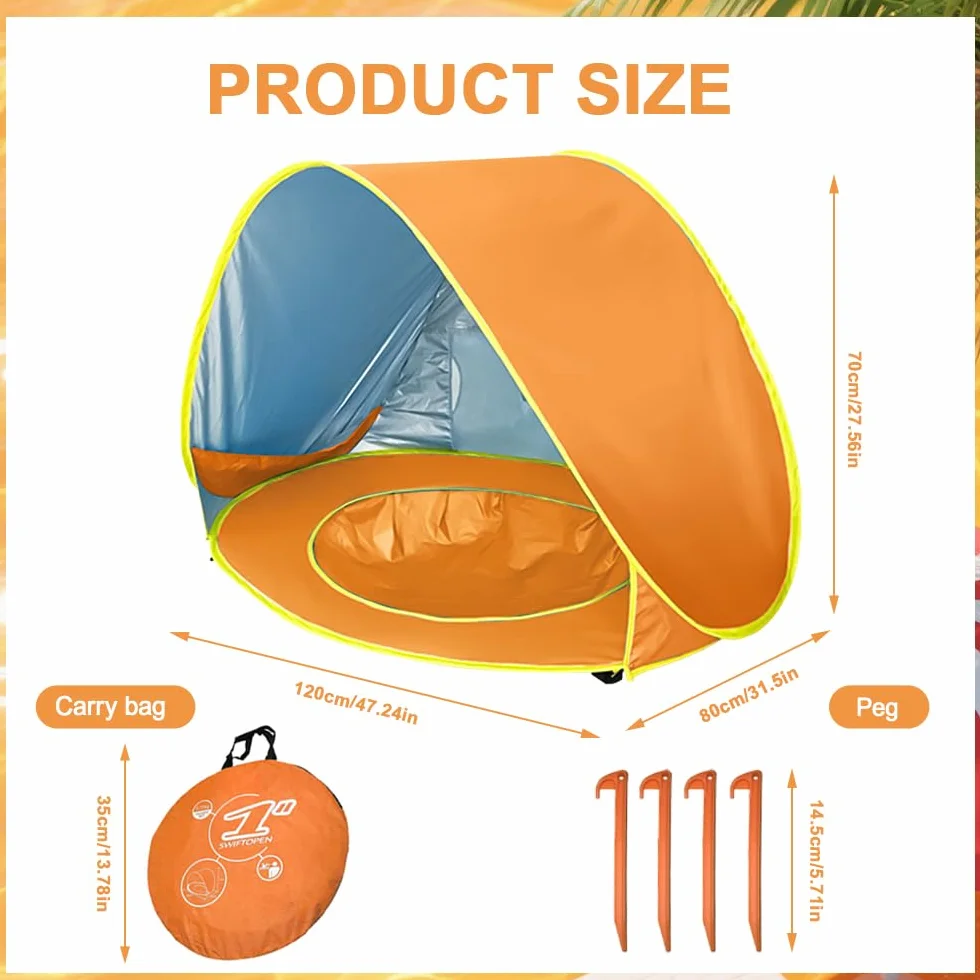 Tenda da Spiaggia Bambini Pop Up con Mini Piscina Protezione UV UPF 50+ Portatile Arancione