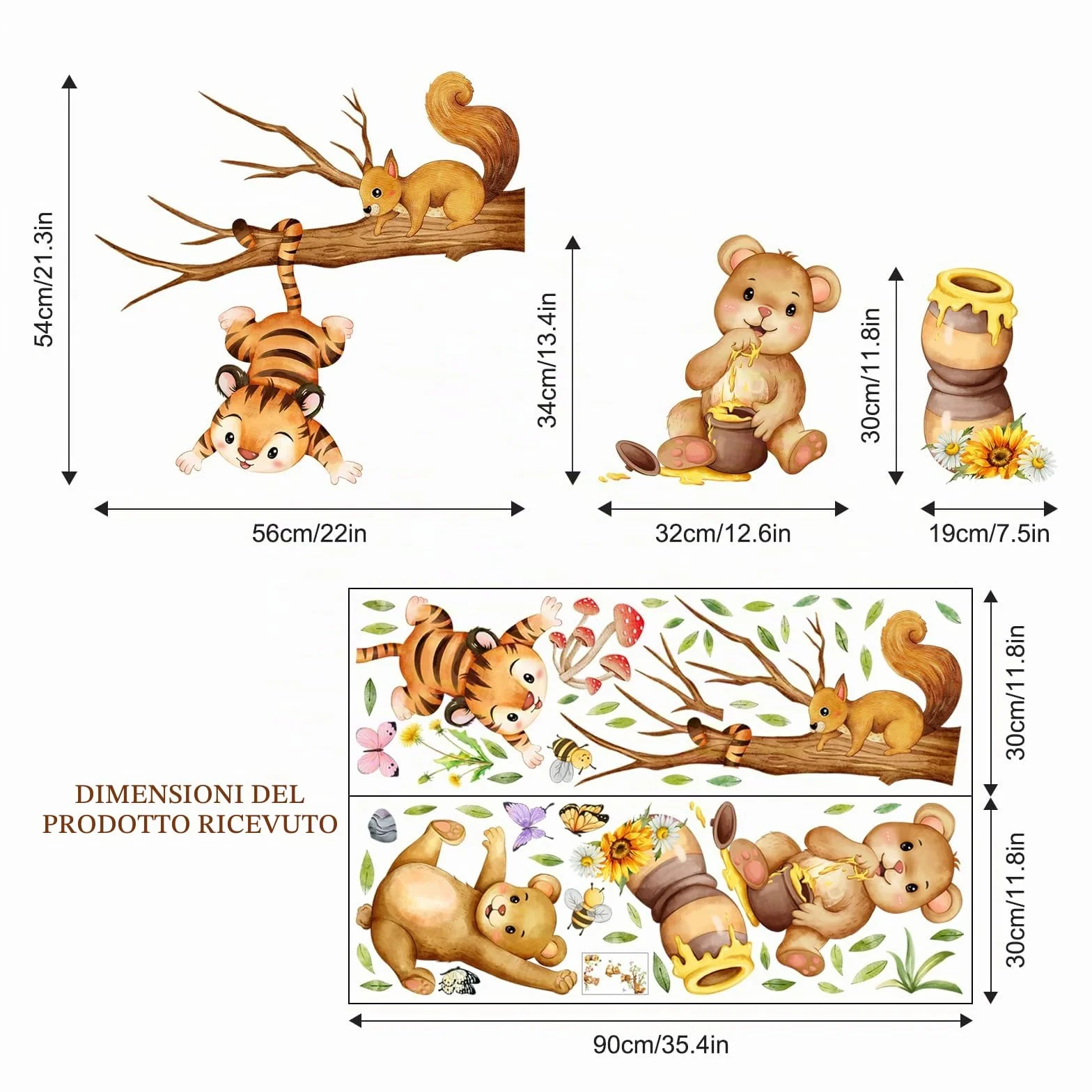 Supzone Adesivi Murali Animali Foresta Tigre Orso Scoiattolo Dondolando Miele Albero Ramo Decorazione Murale per Camerette Bambini