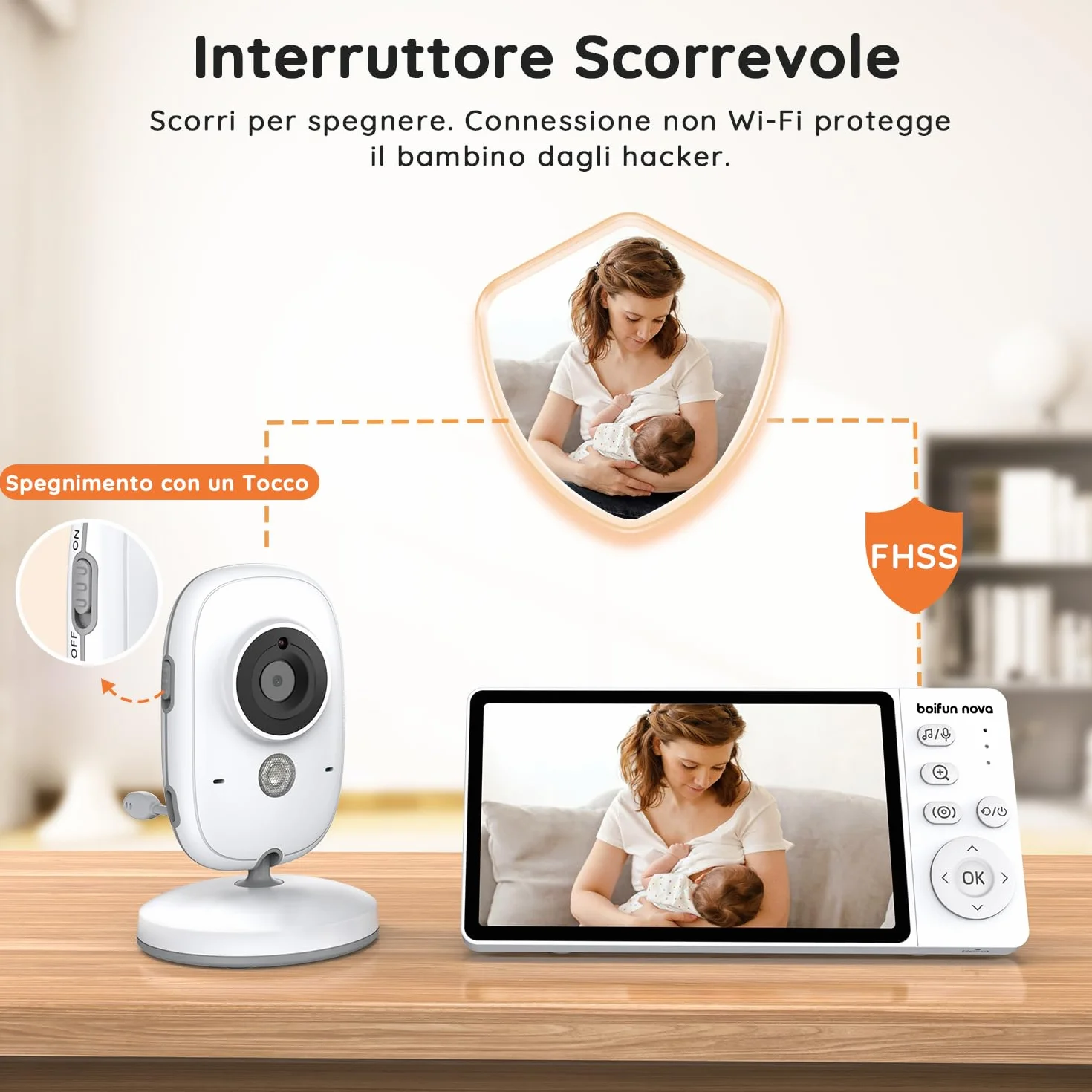 Baby Monitor Video e Audio 5" IPS 1080P, Visione Notturna, VOX, Zoom 3x, Plug & Play Senza WiFi per Neonati
