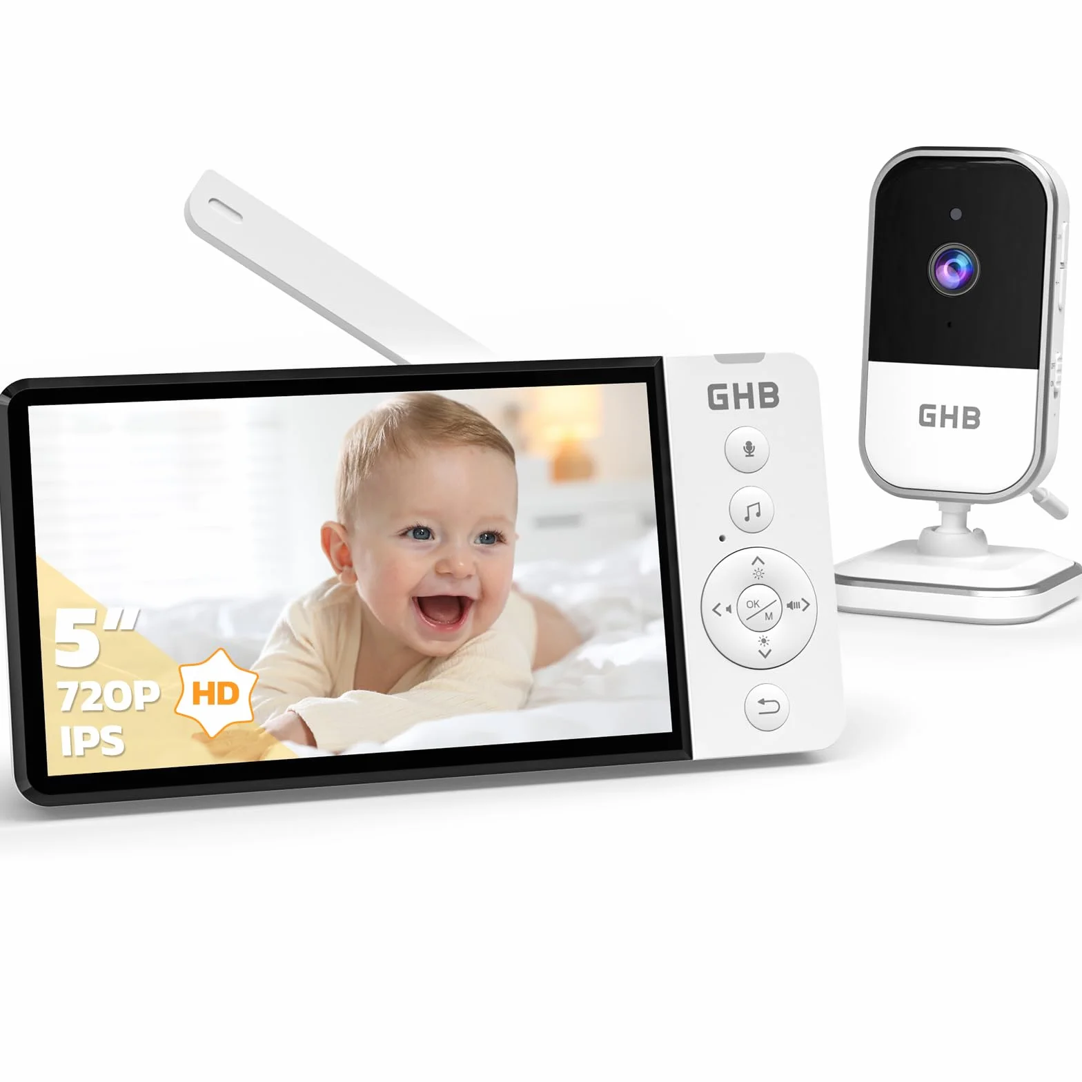 GHB Baby Monitor 5" 720P HD 5000mAh IPS Schermo Telecamera Bambini Visione Notturna Rilevamento Temperatura Ninne Nanne