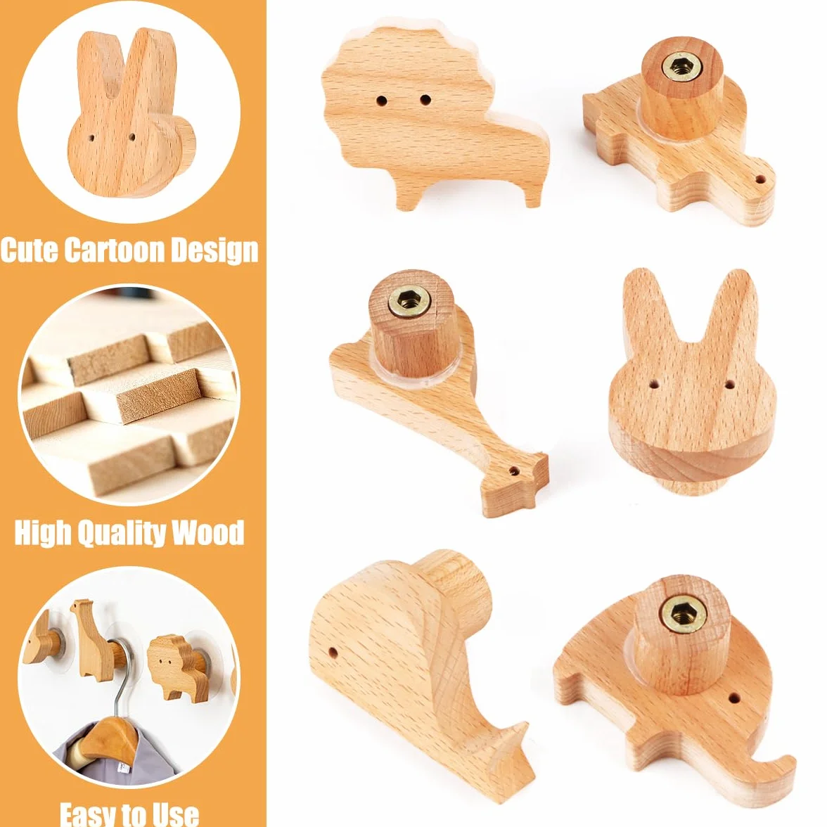 Ganci Appendiabiti per Bambini 6 Pezzi Autoadesivi in Legno con Animali Senza Foratura
