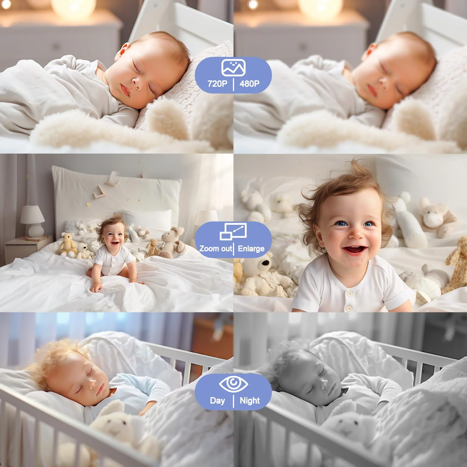 Baby Monitor Video e Audio 720P Display 4.3 Pollici Zoom Digitale VOX Audio Bidirezionale Rilevamento Temperatura