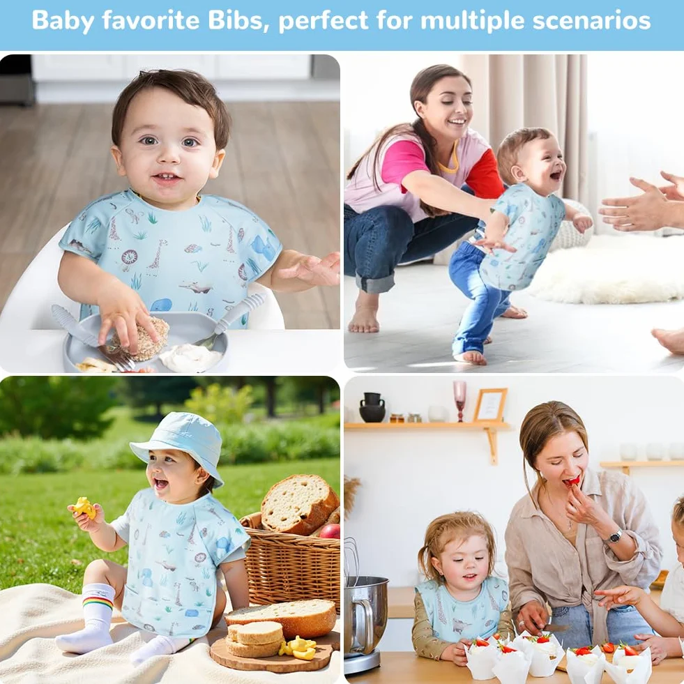 Vicloon Bavaglino con Maniche Corte Anti-Mess Impermeabile con Tasca per Bambini