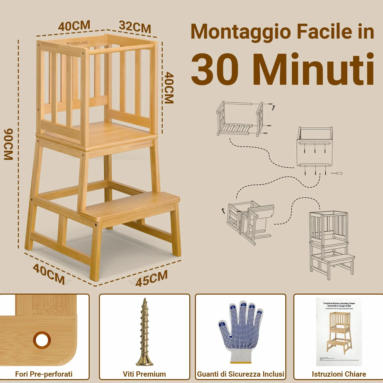 COSYLAND Torre Montessoriana Bambini A Forma di A con Pedana Centrale Rinforzata Bambù Naturale