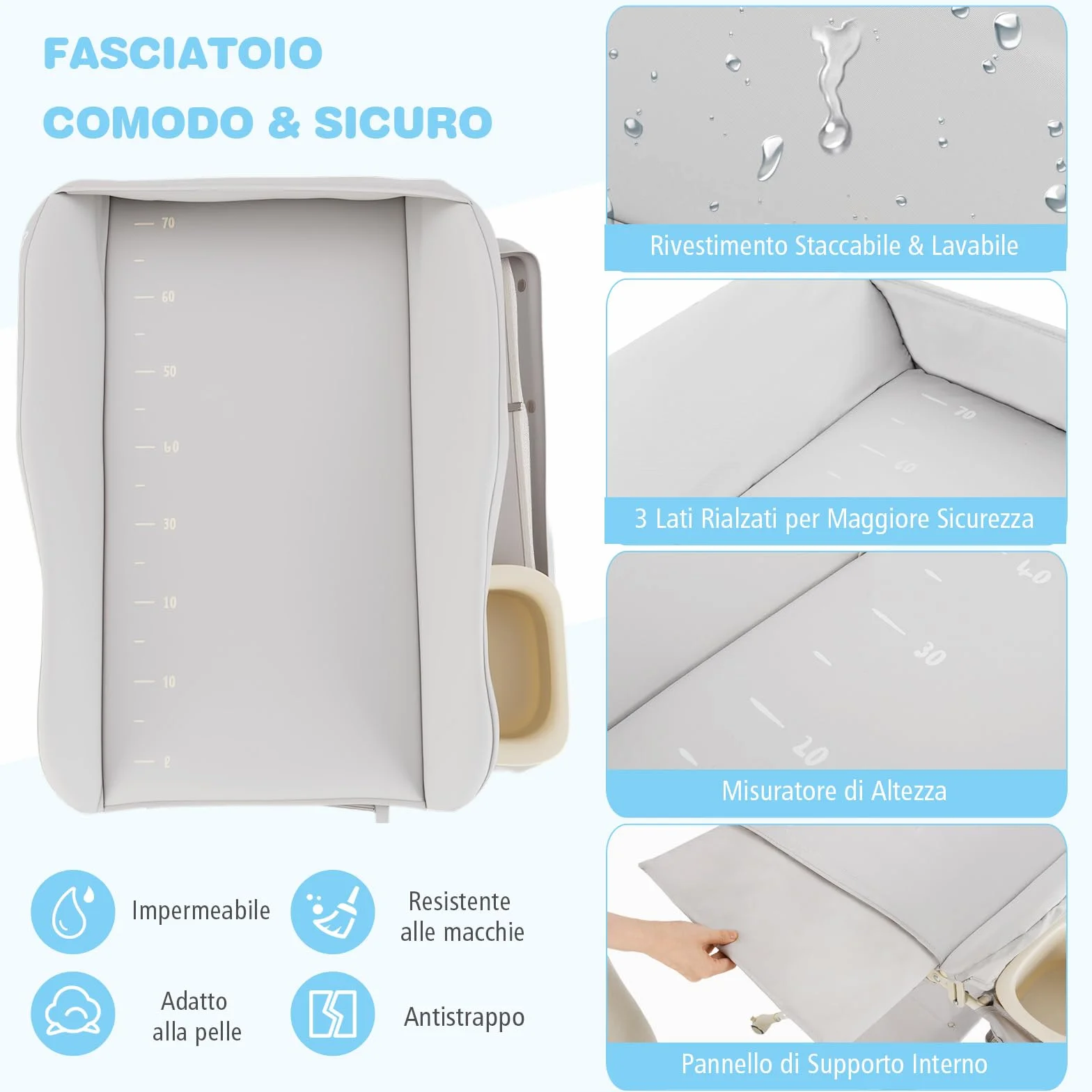 Costway Fasciatoio Pieghevole Neonato Portatile con Altezza Regolabile 3 Livelli, Grigio