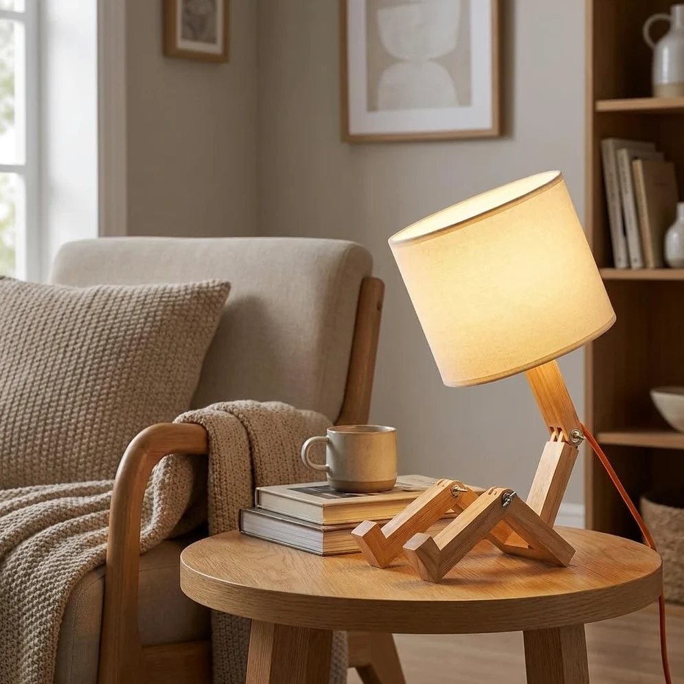 BARCELONA LED Lampada da Tavolo in Legno Articolata YOKI, Lampada Scandinava Design Omino con Paralume Bianco, Lampada da Scrivania E27 per Camera da Letto, Salotto e Ufficio