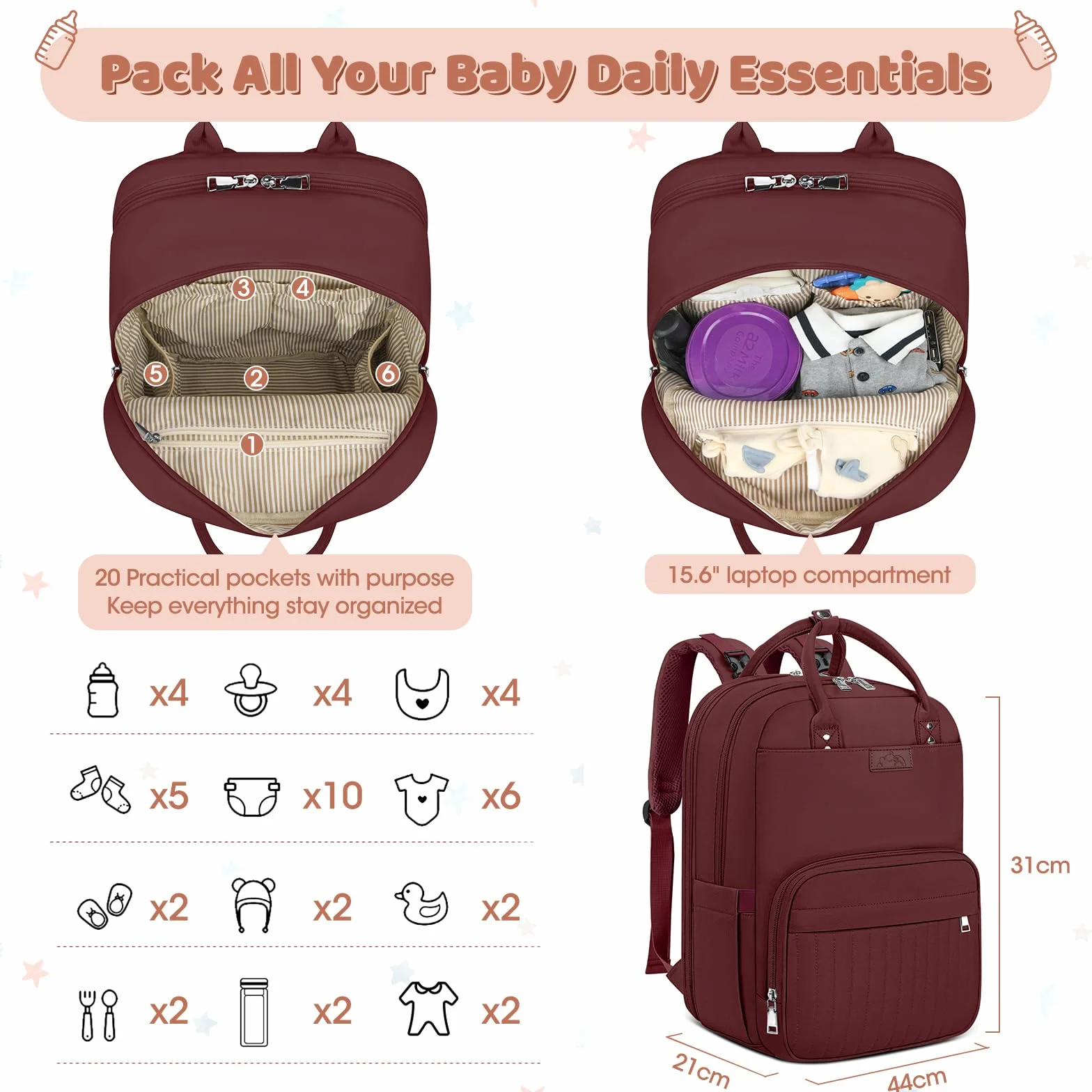 RAINSMORE Zaino Mamma Impermeabile Multifunzione Fasciatoio Grande Capacità Borsa Neonato con Ganci per Passeggino Rosso