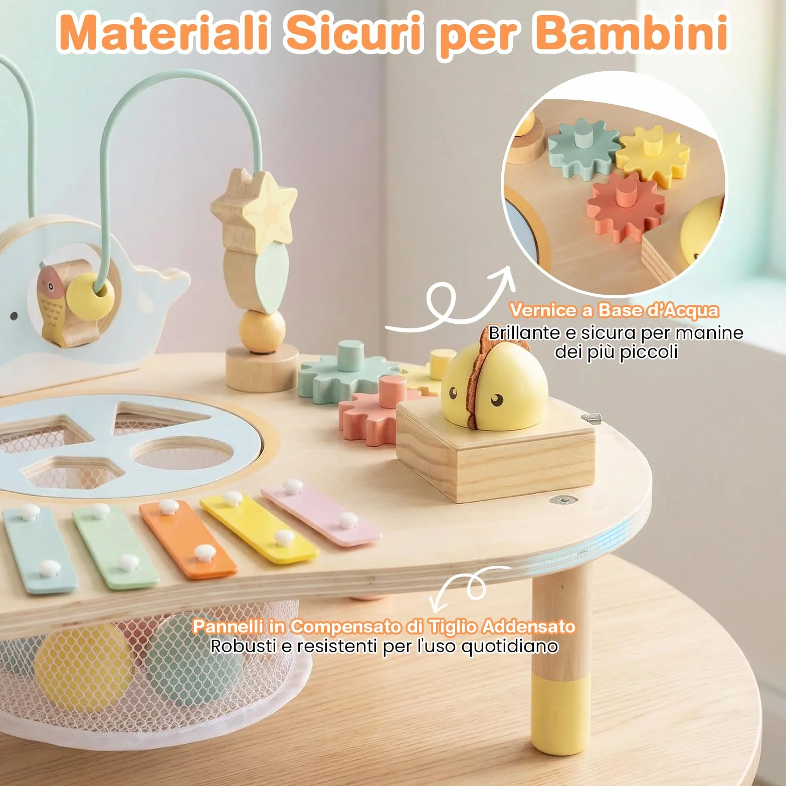 COSTWAY Centro di Attività Musicale in Legno Tavolo Multiattività Bambini 7-in-1 con Labirinto di Perle Xilofono Giochi Montessori