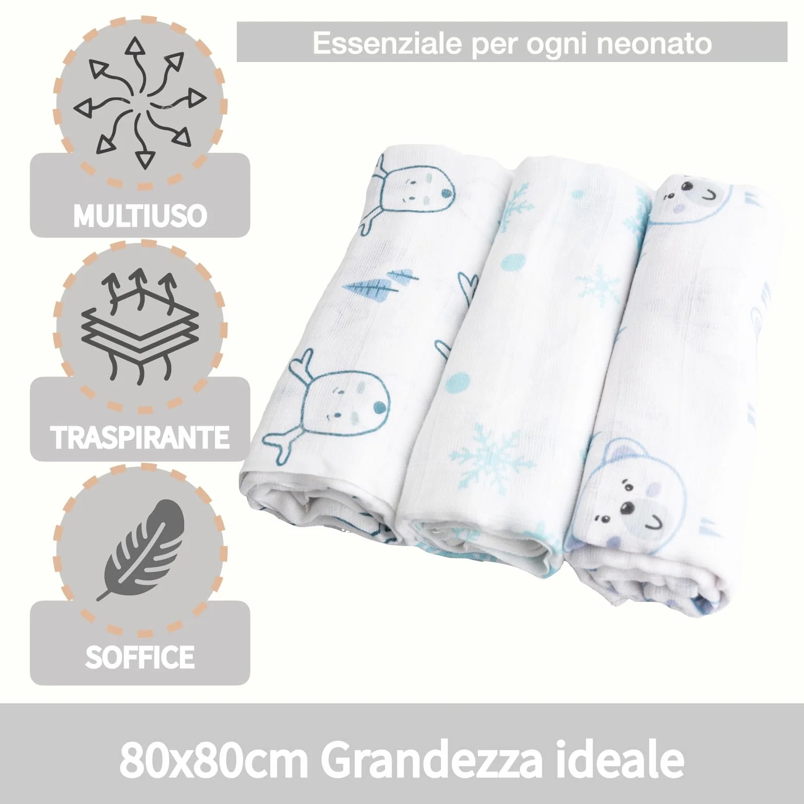 Set di 3 Mussole Neonato 80x80 cm 100% Cotone Naturale Certificato OEKO-TEX Copertina Neonato