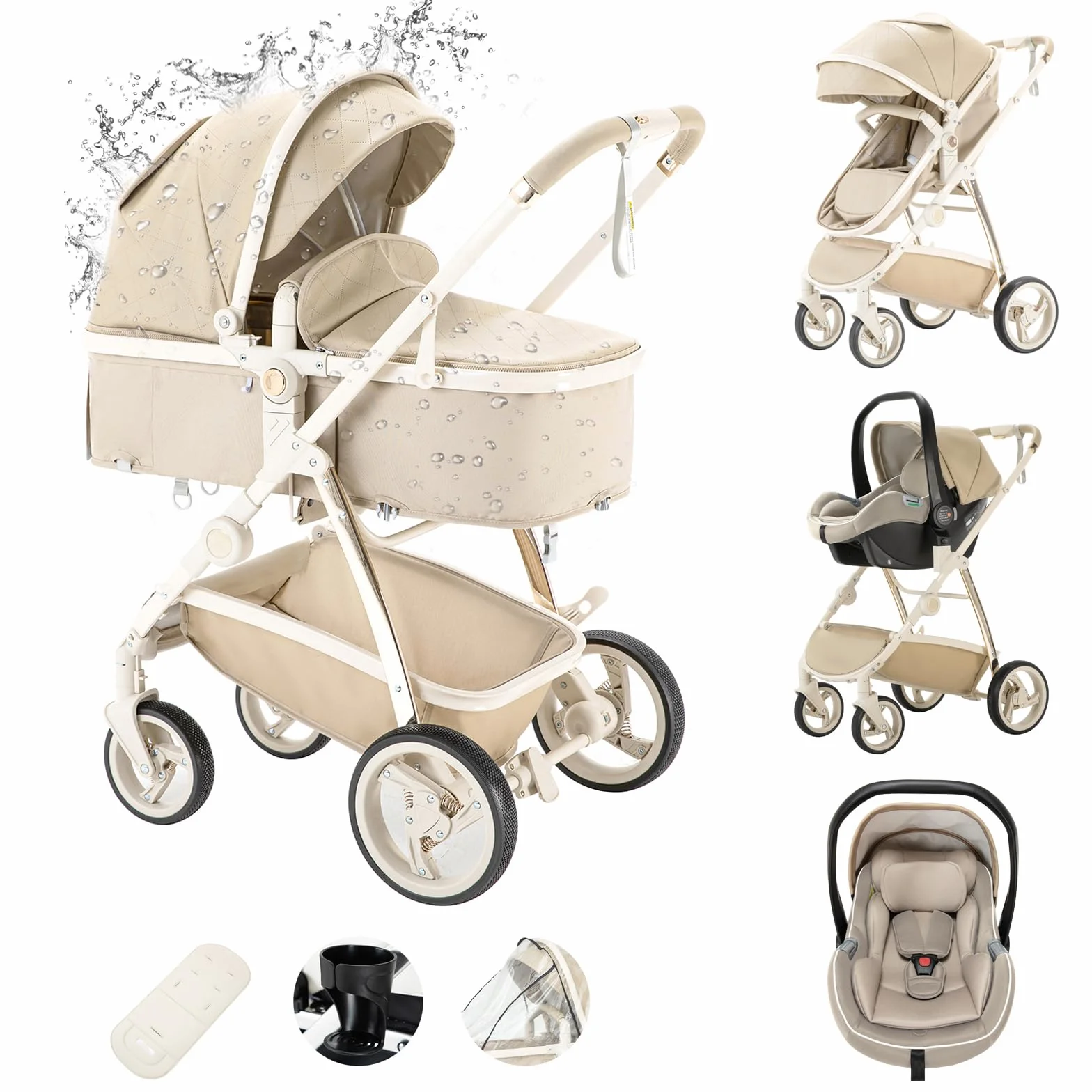 Pelle Passeggino 3 in 1 Sistema di Viaggio con Seggiolino Auto Telaio Alluminio Carrozzina Città Pieghevole per Bambini 0-4 Anni Cachi