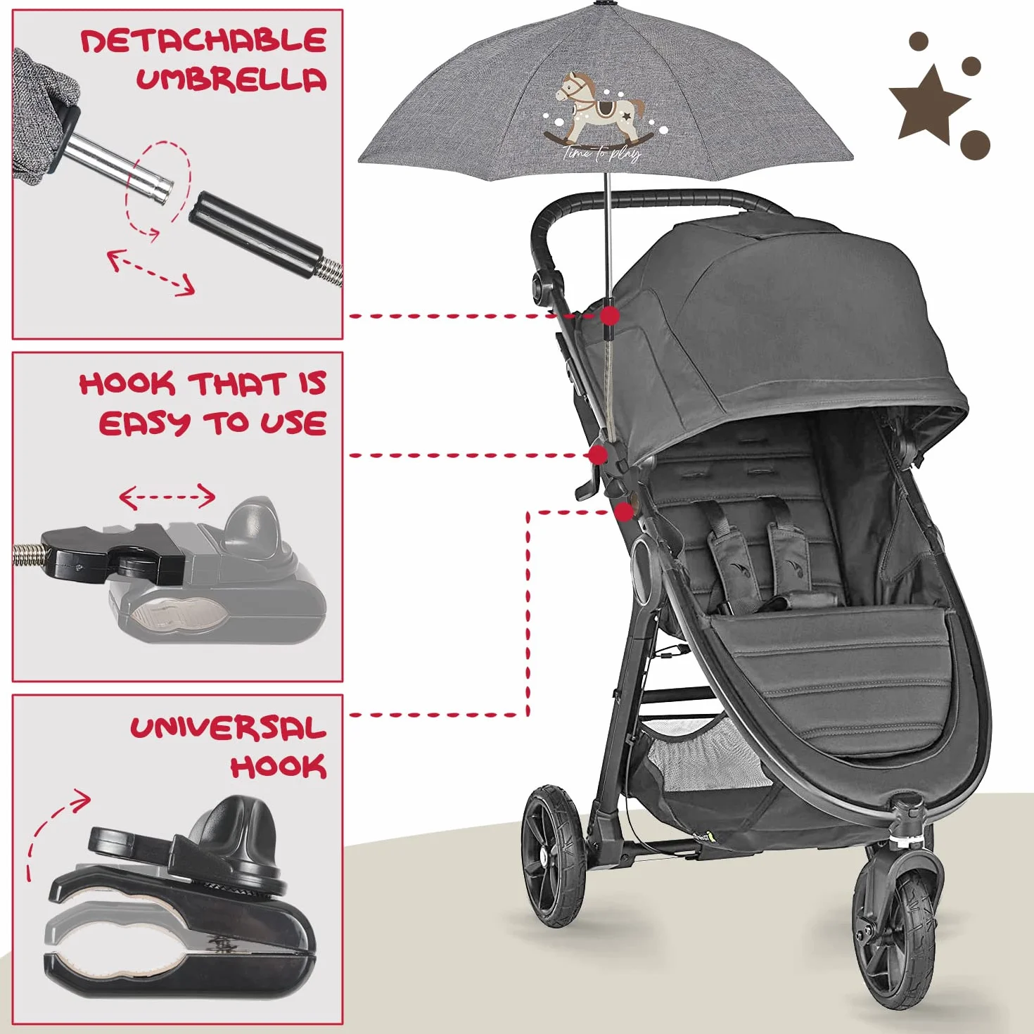 PERLETTI Parasole Passeggino Universale Anti UV 68 cm - Ombrellino da Sole Pioggia per Bambino Neonato Grigio