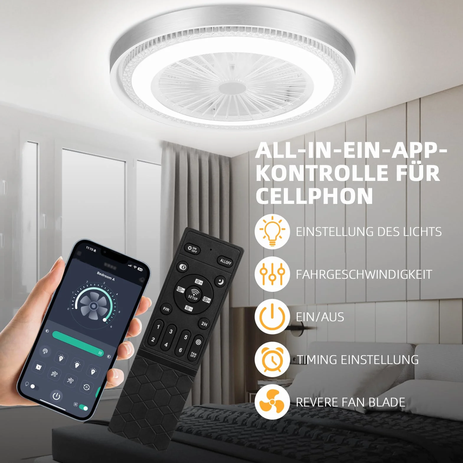 Ventilatore da Soffitto con Luce,50W Ventilatore da Soffitto con Luce e Telecomando & APP,Ultra-Silenzioso|6 Velocità| Motore DC Reversibile|Dimmerabile Plafoniera con Ventilatore,Ø51cm