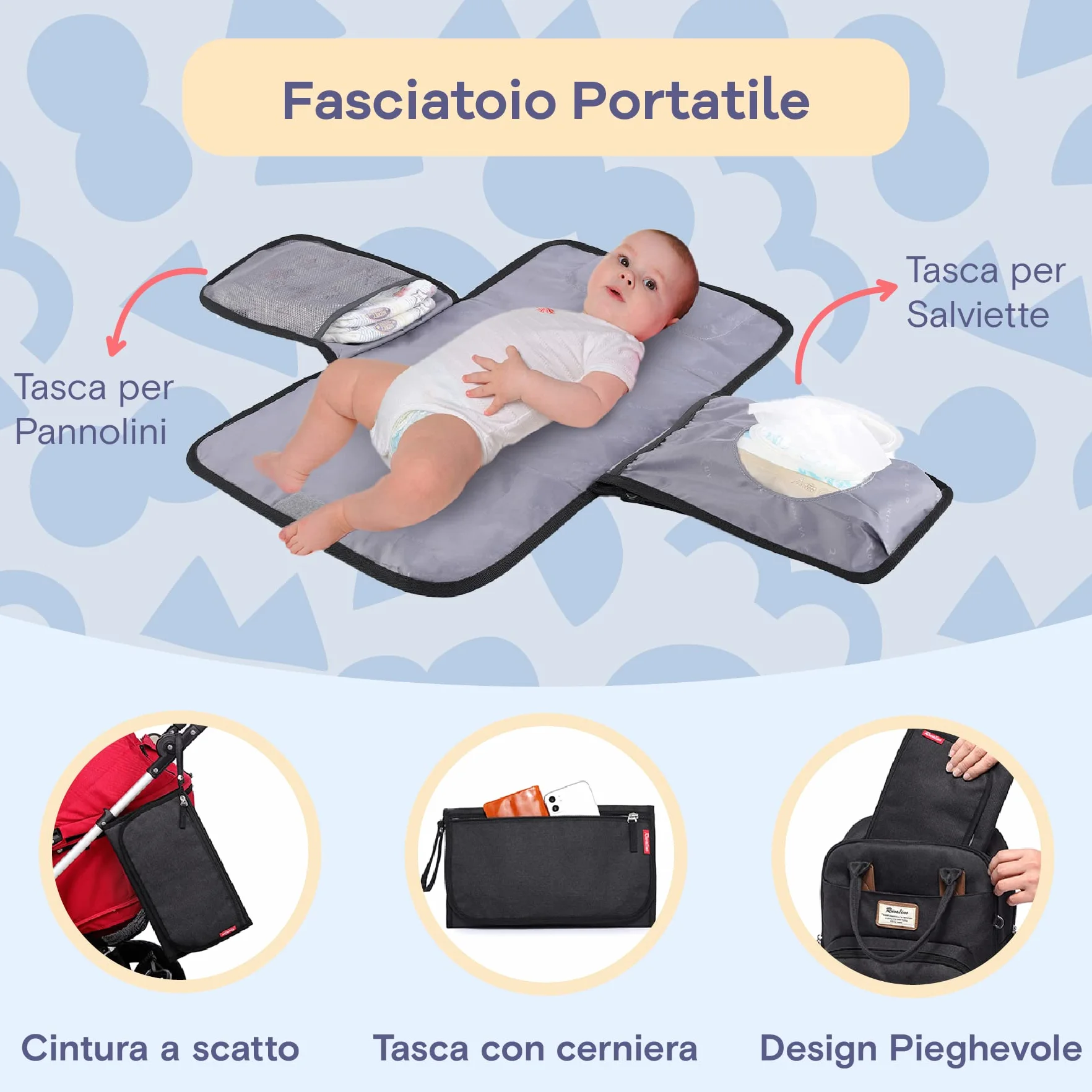 RUVALINO Borsa Zaino Fasciatoio Multifunzione con Porta Ciuccio e Cinghie per Passeggino