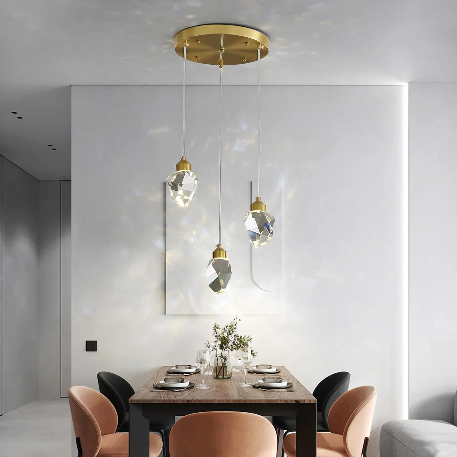 Moderna Lampada A Sospensione In Cristallo, Lampada A Sospensione In Cristallo A Led A 3 Colori, Per Cucina Isola Camera Da Letto Soggiorno Illuminazione Sala Da Pranzo (Base Rotonda A 3 Teste)