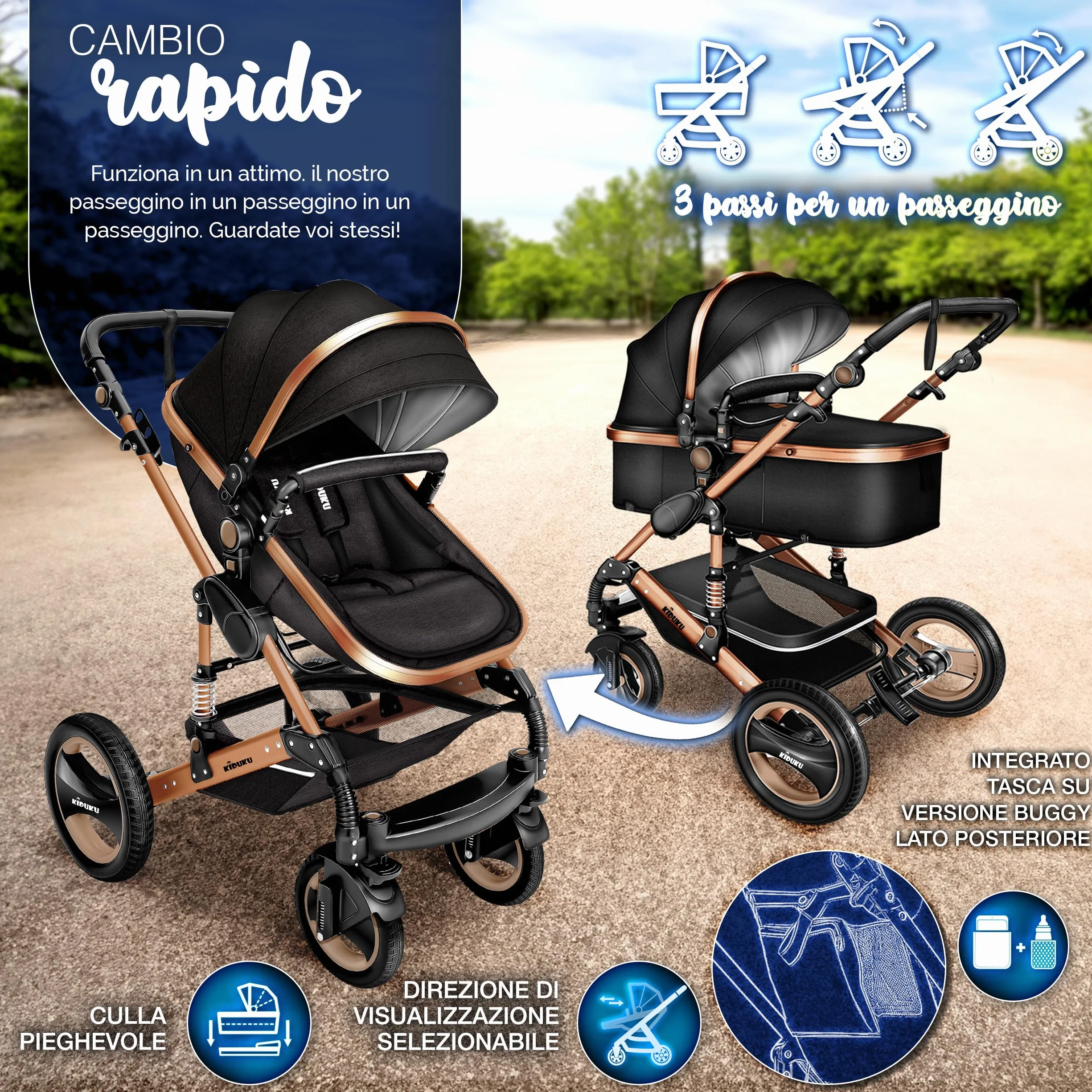 KIDUKU 3 in 1 Passeggino Completo Trio Sistema Combinato con Navicella Ovetto Seggiolino Auto Coprigambe ECE R129