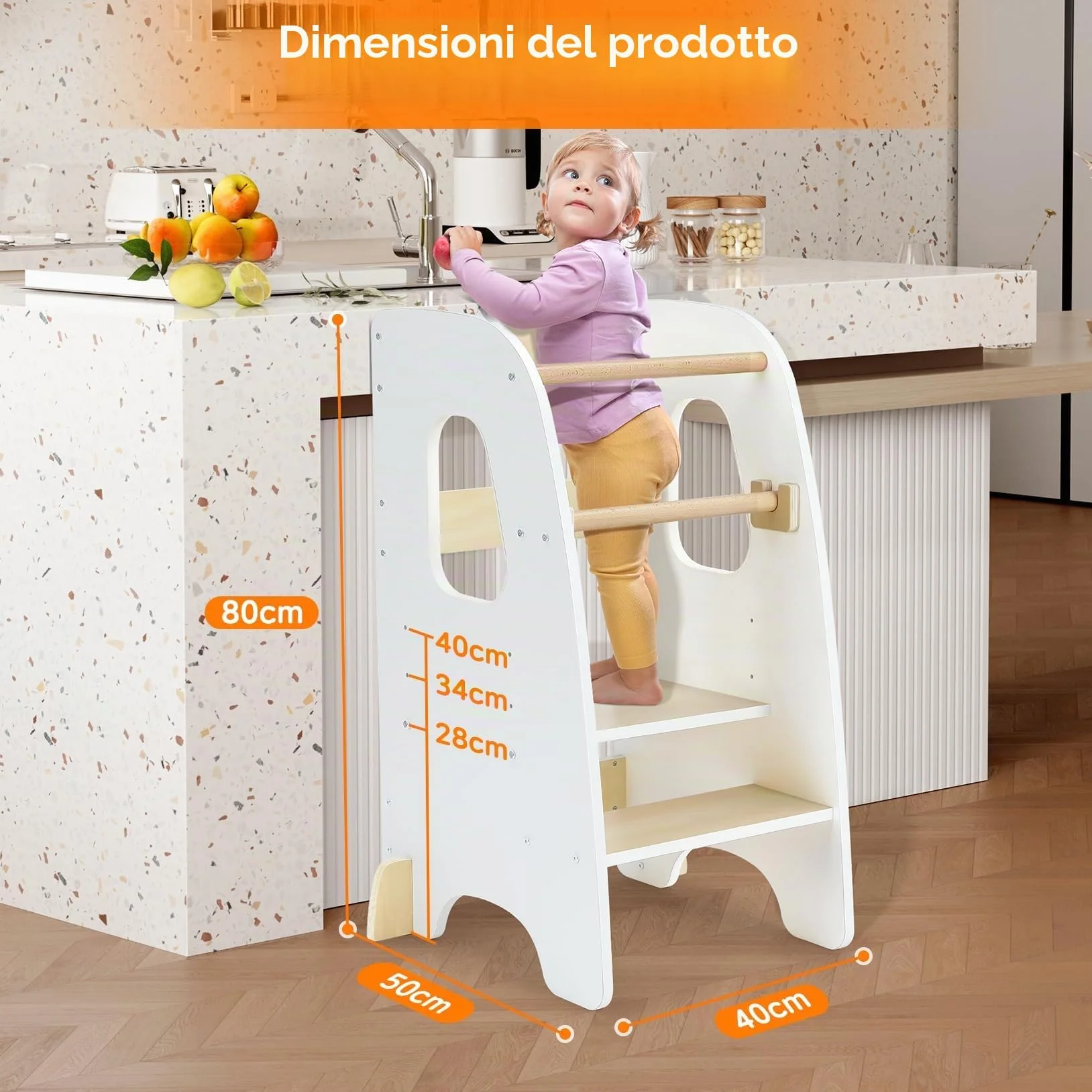 Torre Montessoriana Learning Tower Sicura Altezze Regolabili Doppia Barra Protezione Antiscivolo Anti-Ribaltamento Bianco