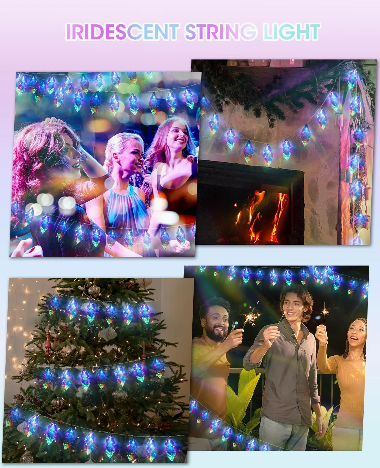 AceList Stringa di luci iridescenti per interni, 20 LED da 9,84 m, con batteria olografica e alimentazione USB, 8 modalità di illuminazione, luci di cristallo per matrimoni, Natale, feste, decorazioni