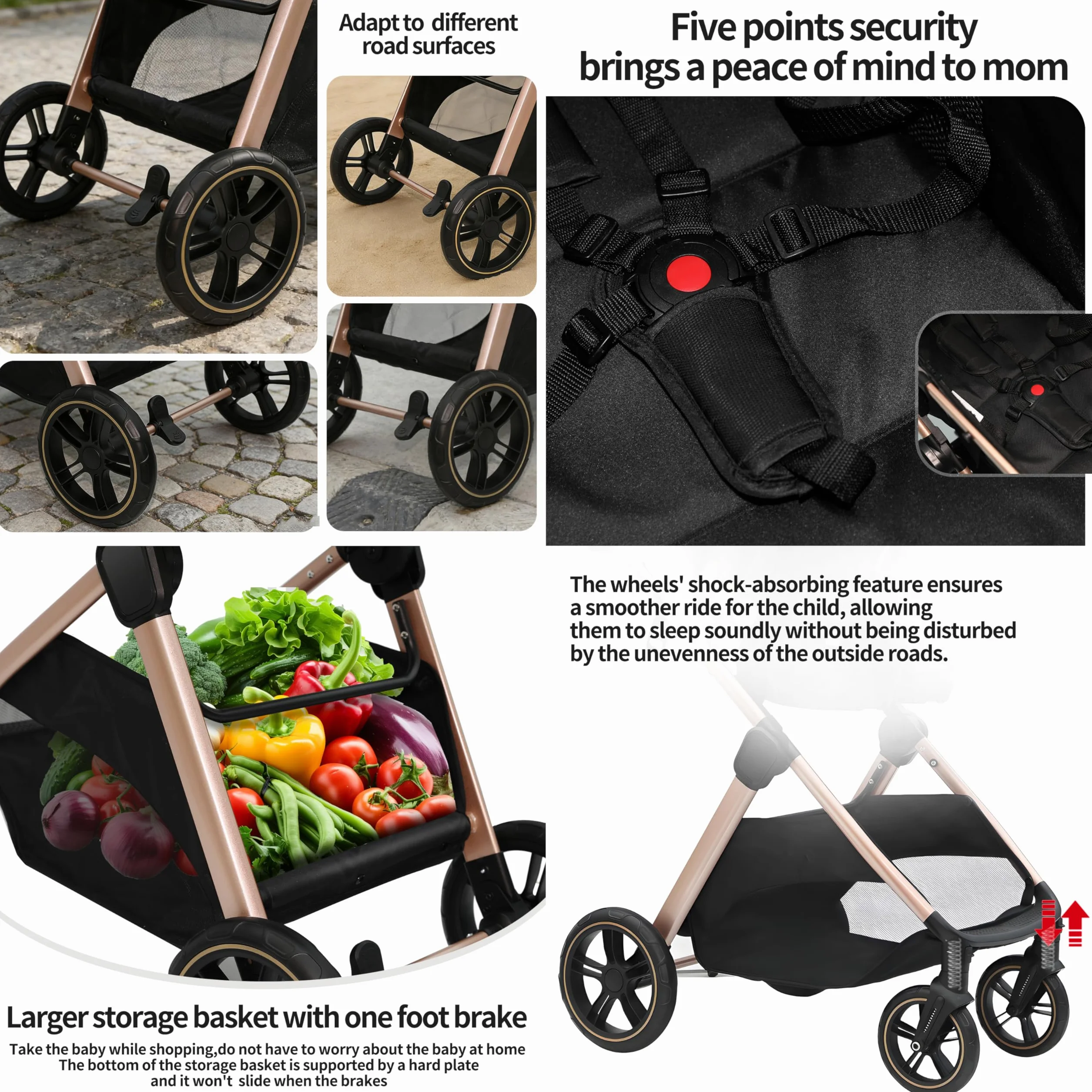 Passeggino Trio 3 in 1 Pieghevole in Un Clic con Telaio in Lega di Alluminio V10 Black