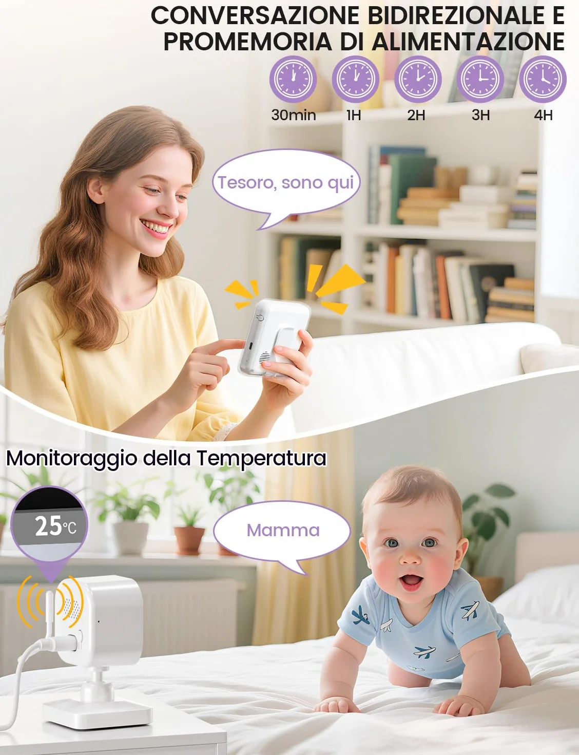 Baby Monitor Video e Audio 2,8" 720P LCD IPS 2000mAh USB-C Zoom Digitale VOX Visione Notturna Comunicazione Bidirezionale Sensore Ninna Nanna