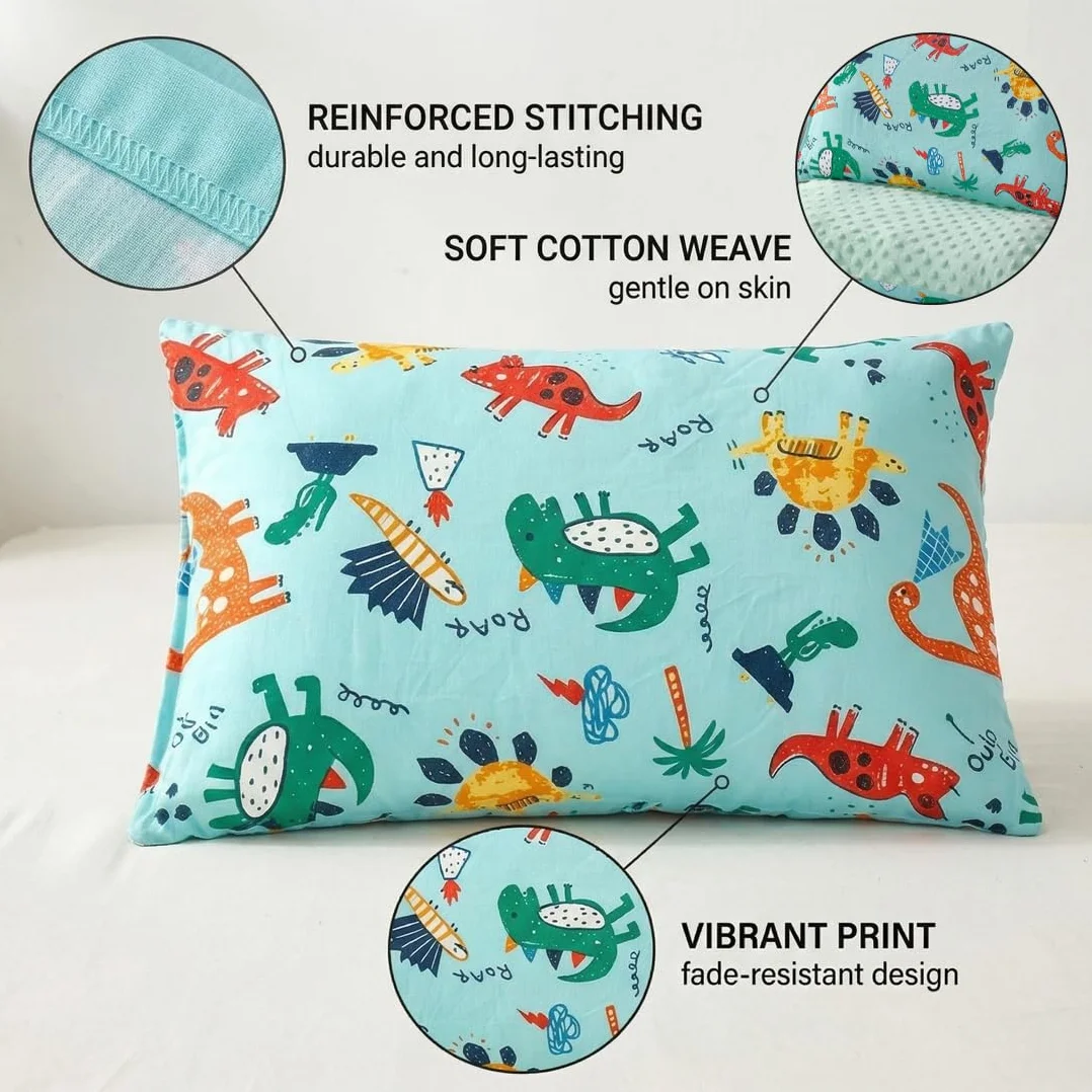 Federa Cuscino 30x50 cm Cotone Morbida Traspirante Motivo Dinosauro per Bambini 2 Pezzi